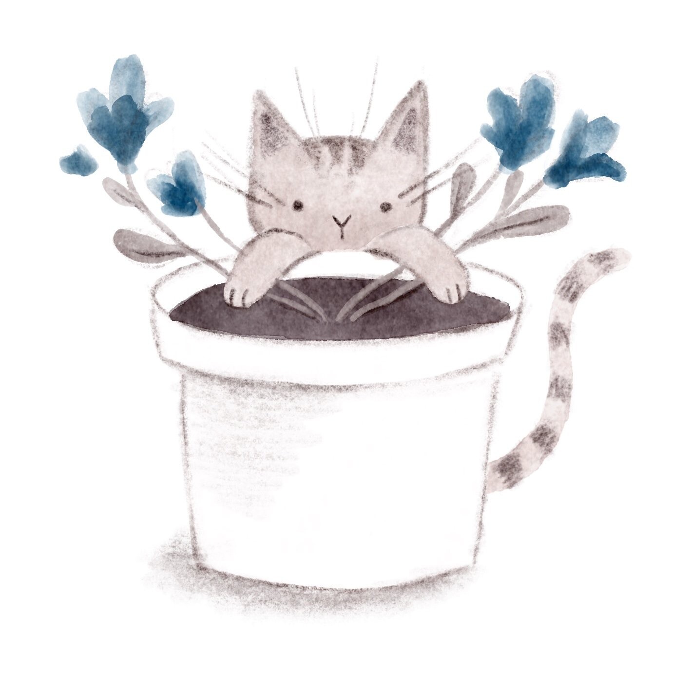 Illustration of a tabby cat peeking out of a flowerpot with blue flowers