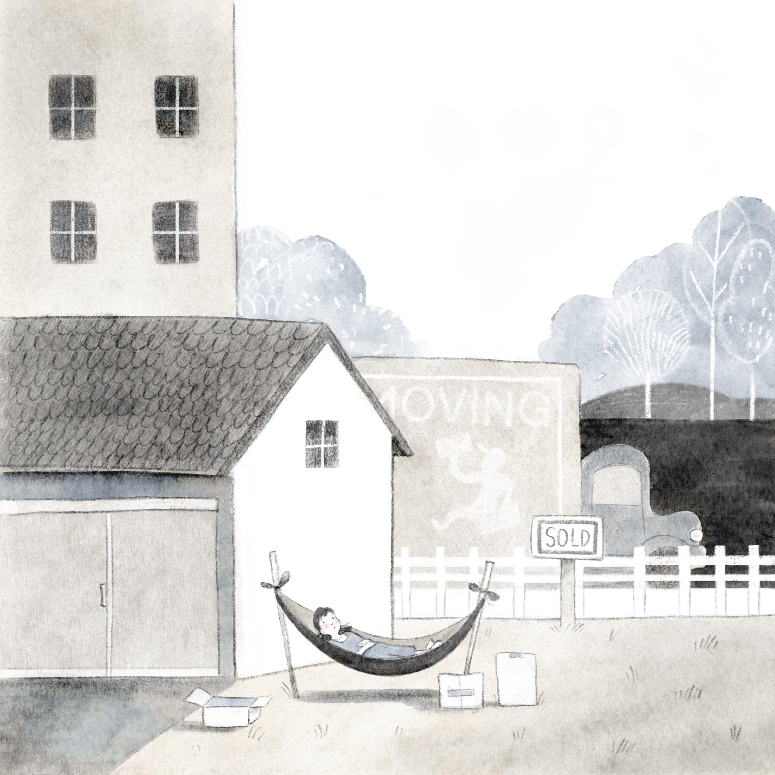 Black and white scene of a child in a hammock beside a house