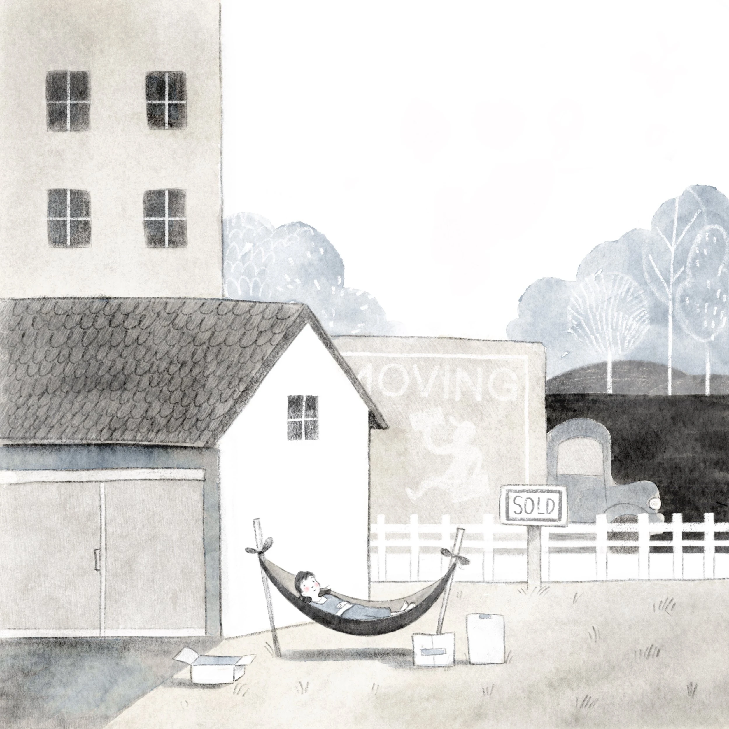 Black and white scene of a child in a hammock beside a house
