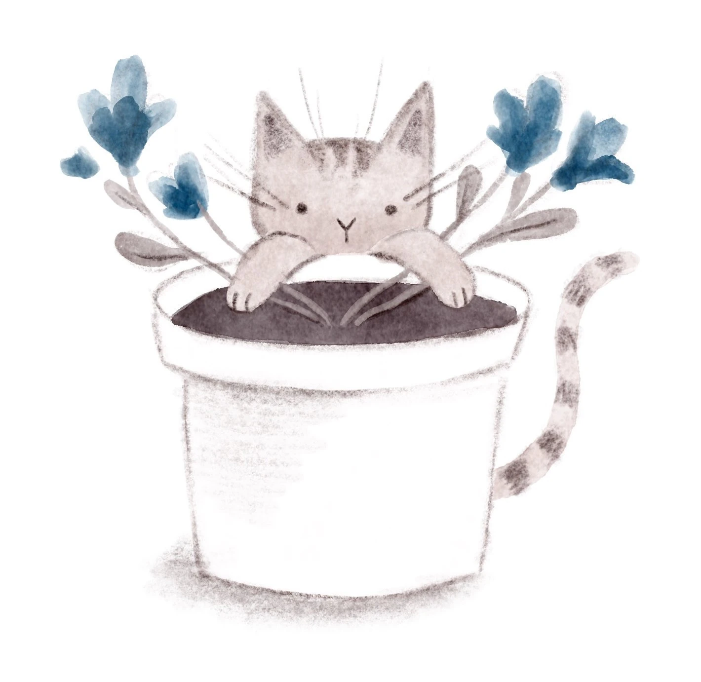 Cat sitting in a flowerpot among blue flowers