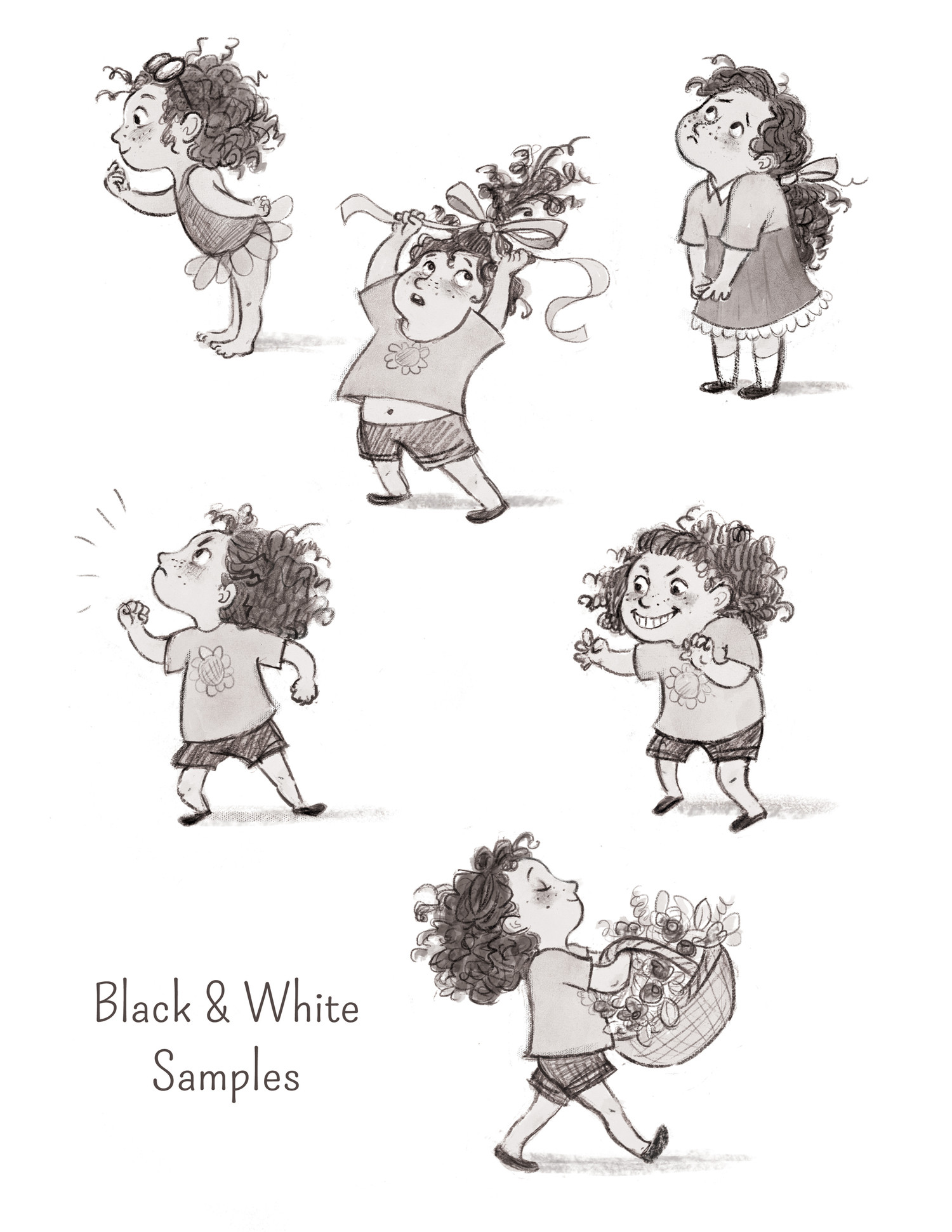 Black and white character samples of a child with flowers