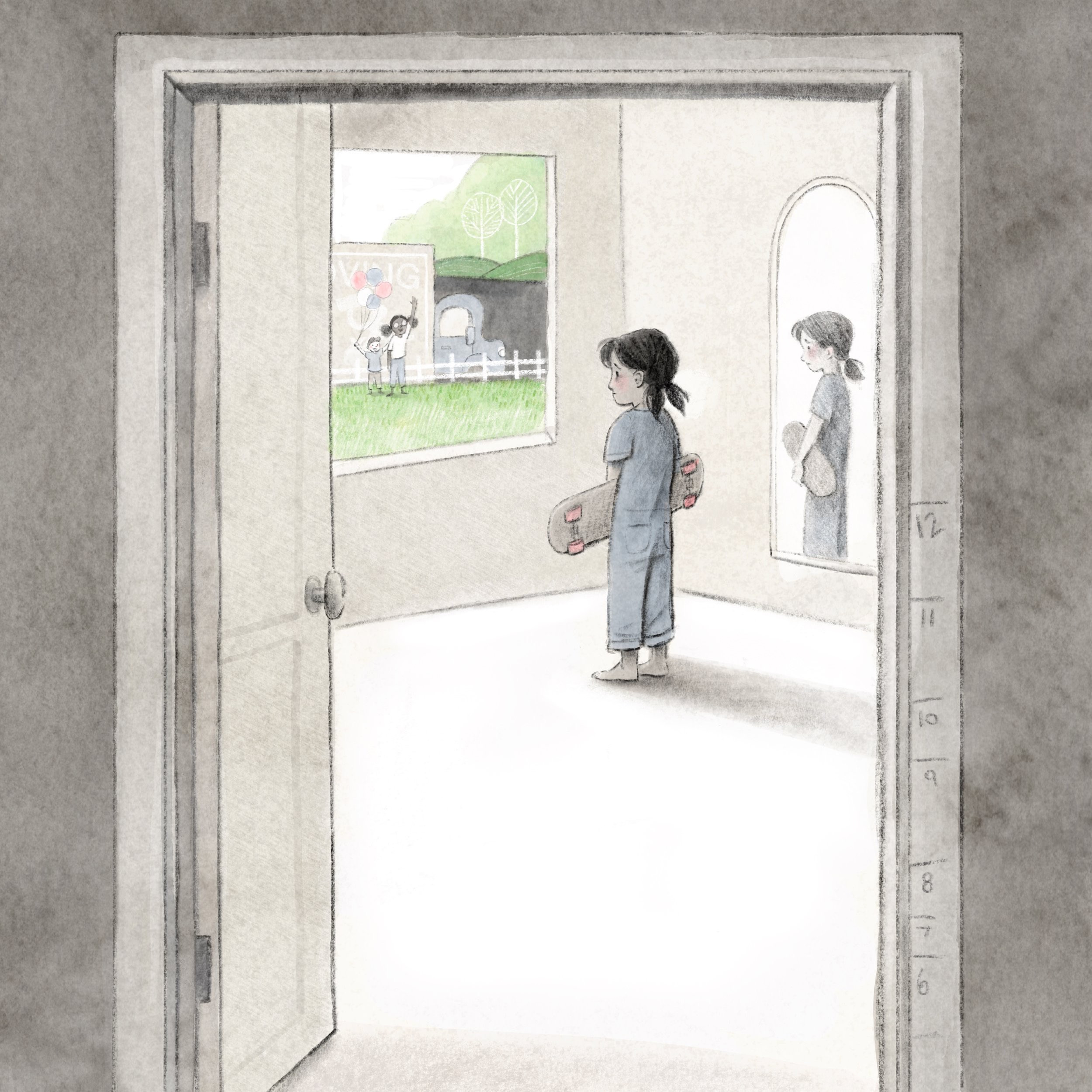 Child looking through an open doorway to a sunlit garden