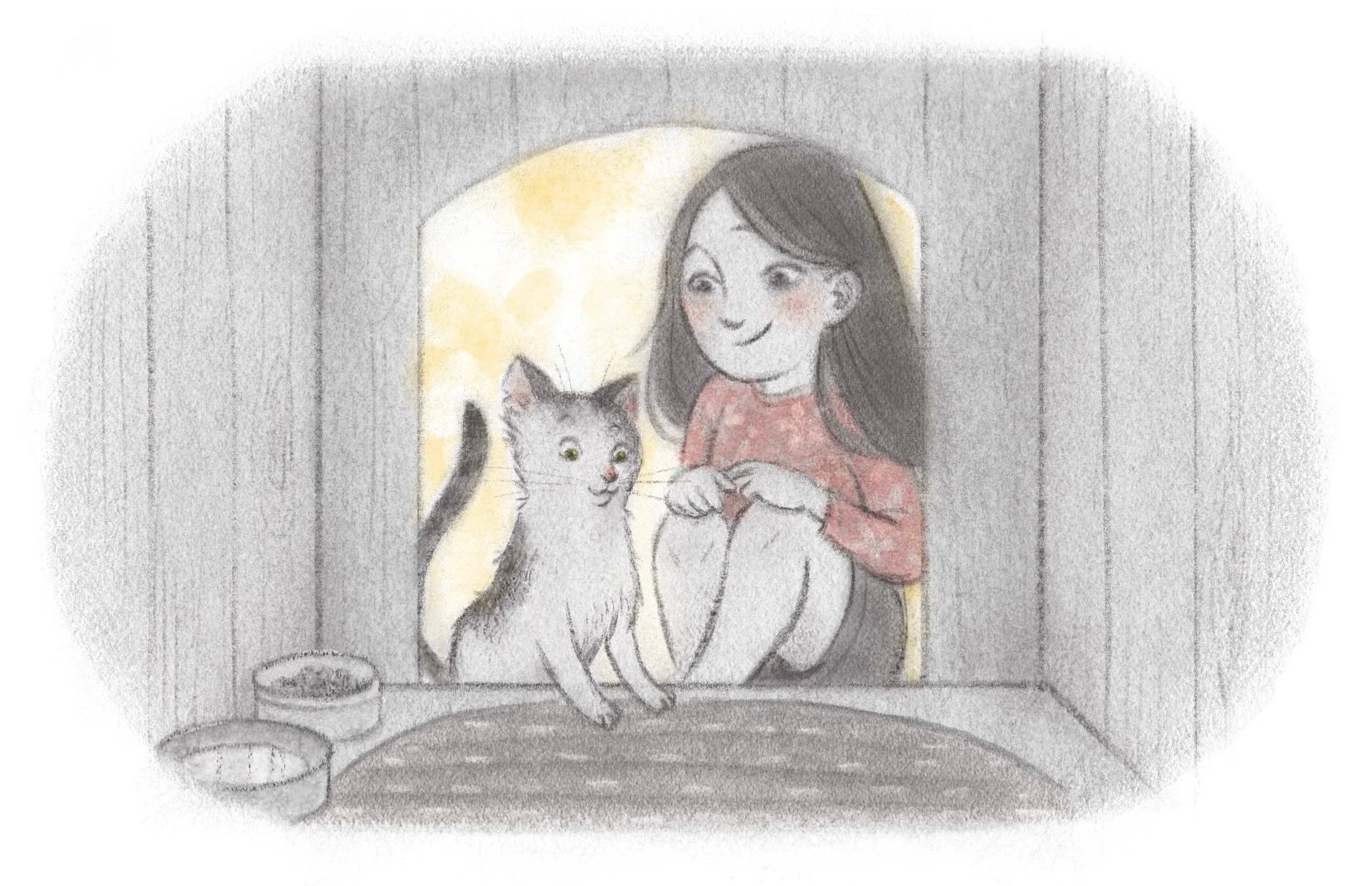 Girl sitting with her cat in a lamplit shed