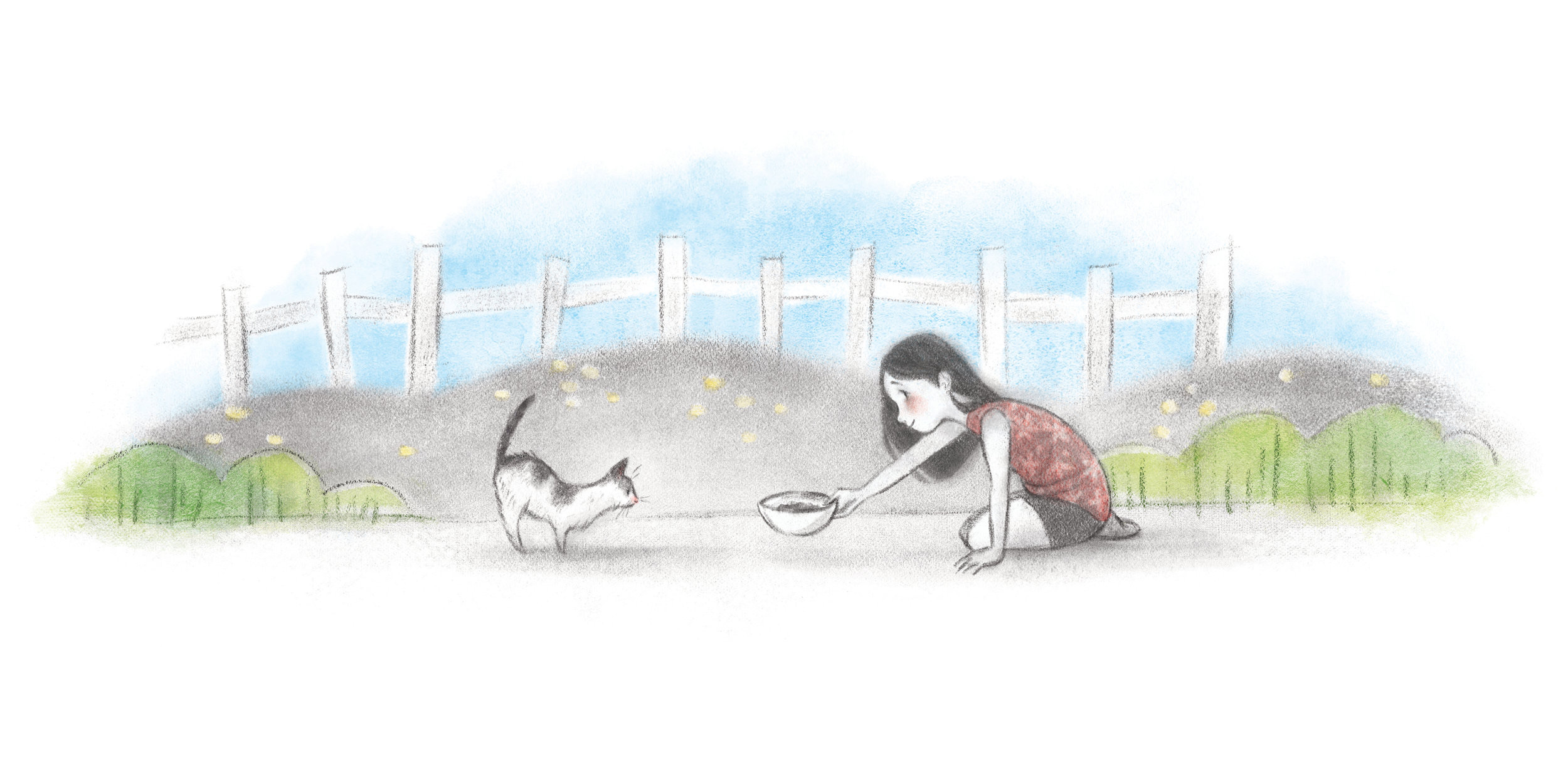 Girl setting down a bowl for a wary cat by a fence