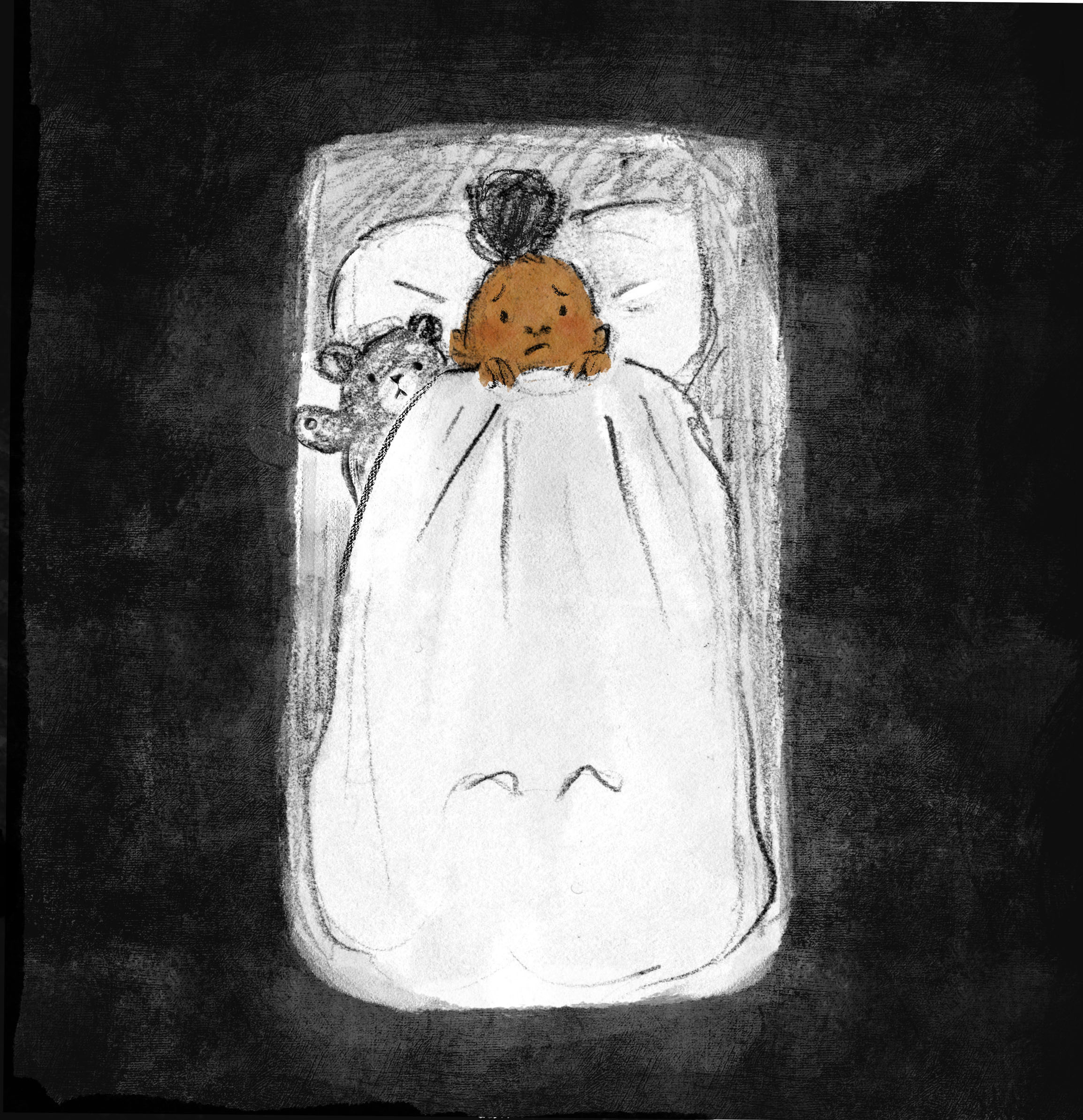 Child hiding under the covers in a dark bedroom