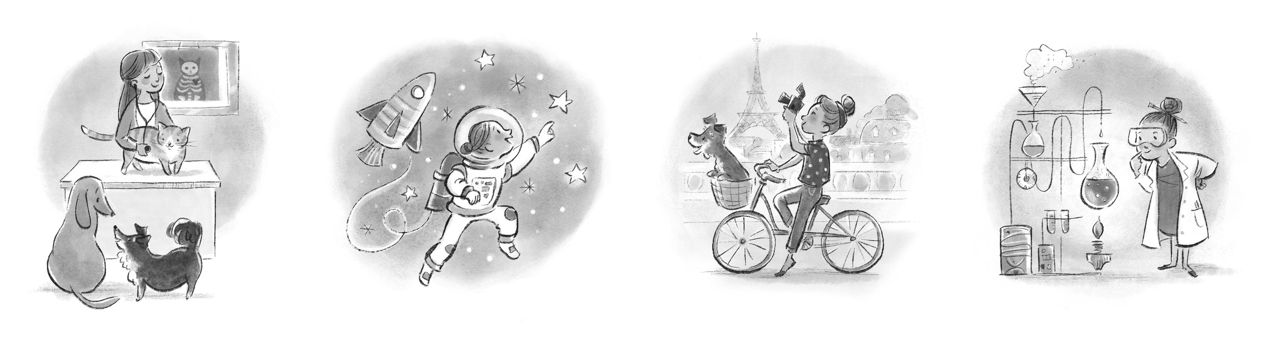 Four oval vignettes — a girl with cats, an astronaut, a cyclist in Paris, a chemist