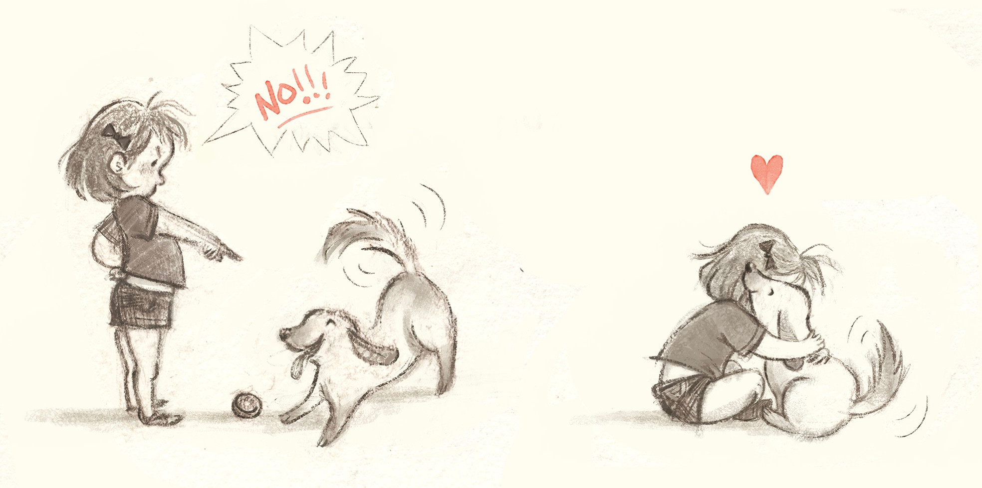 Child scolding a dog, then hugging it