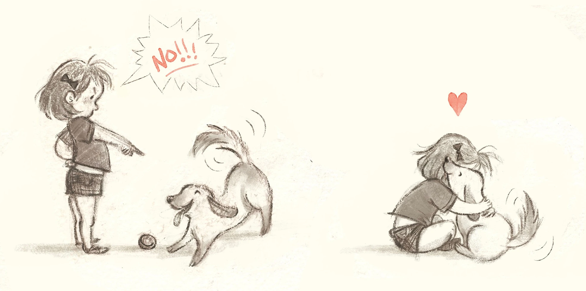 Child scolding a dog, then hugging it