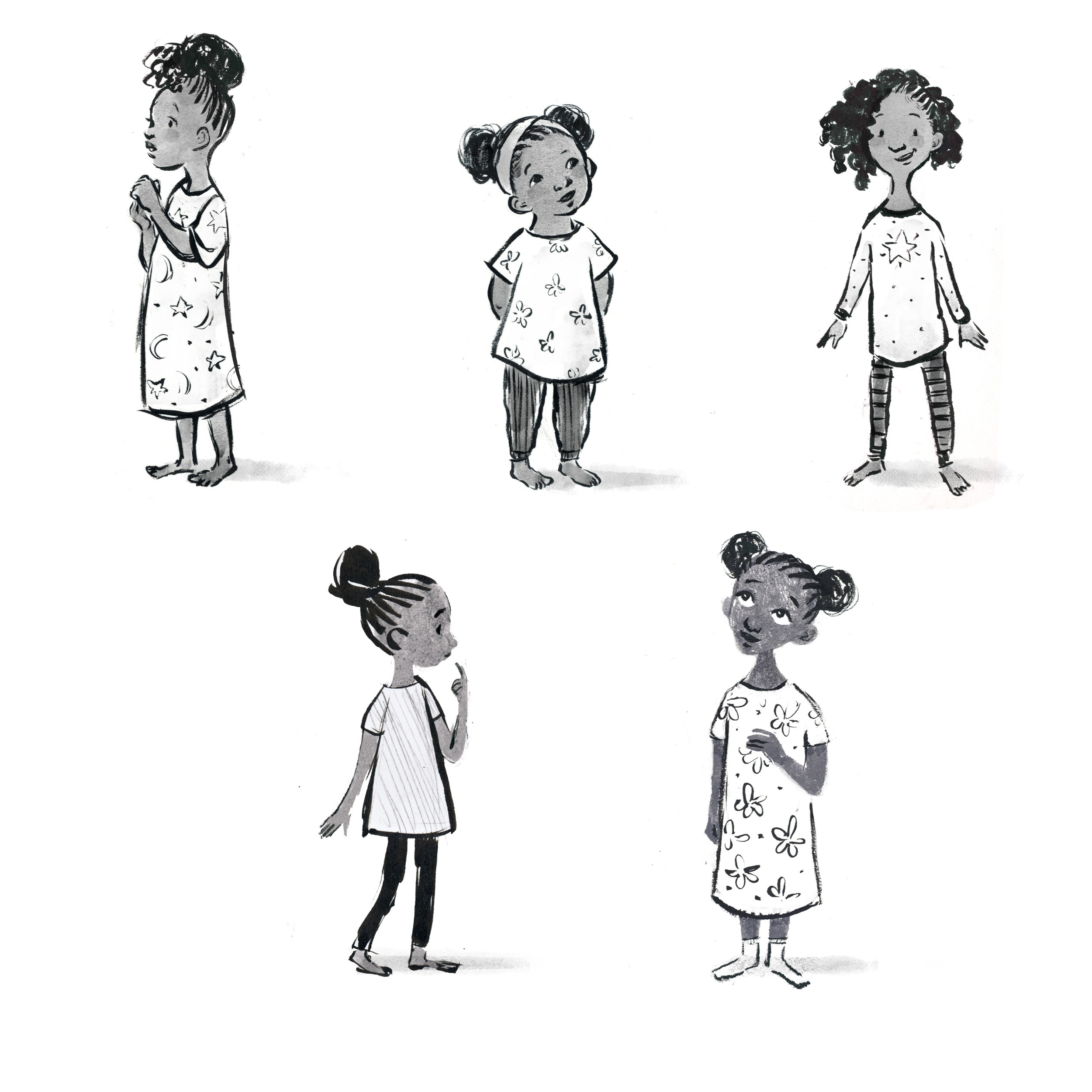 Character sheet of a girl in five poses