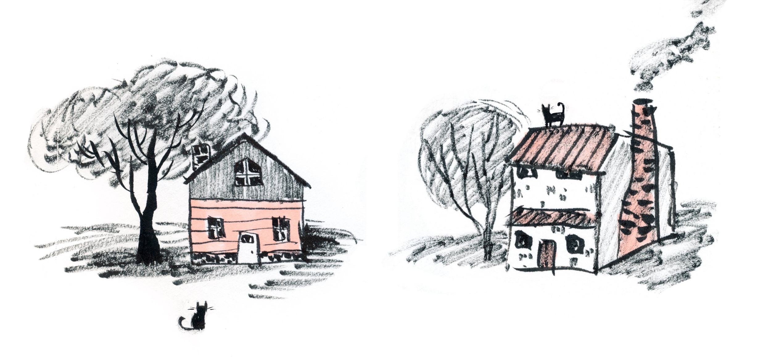 Two ink drawings of houses, one with cats on the roof