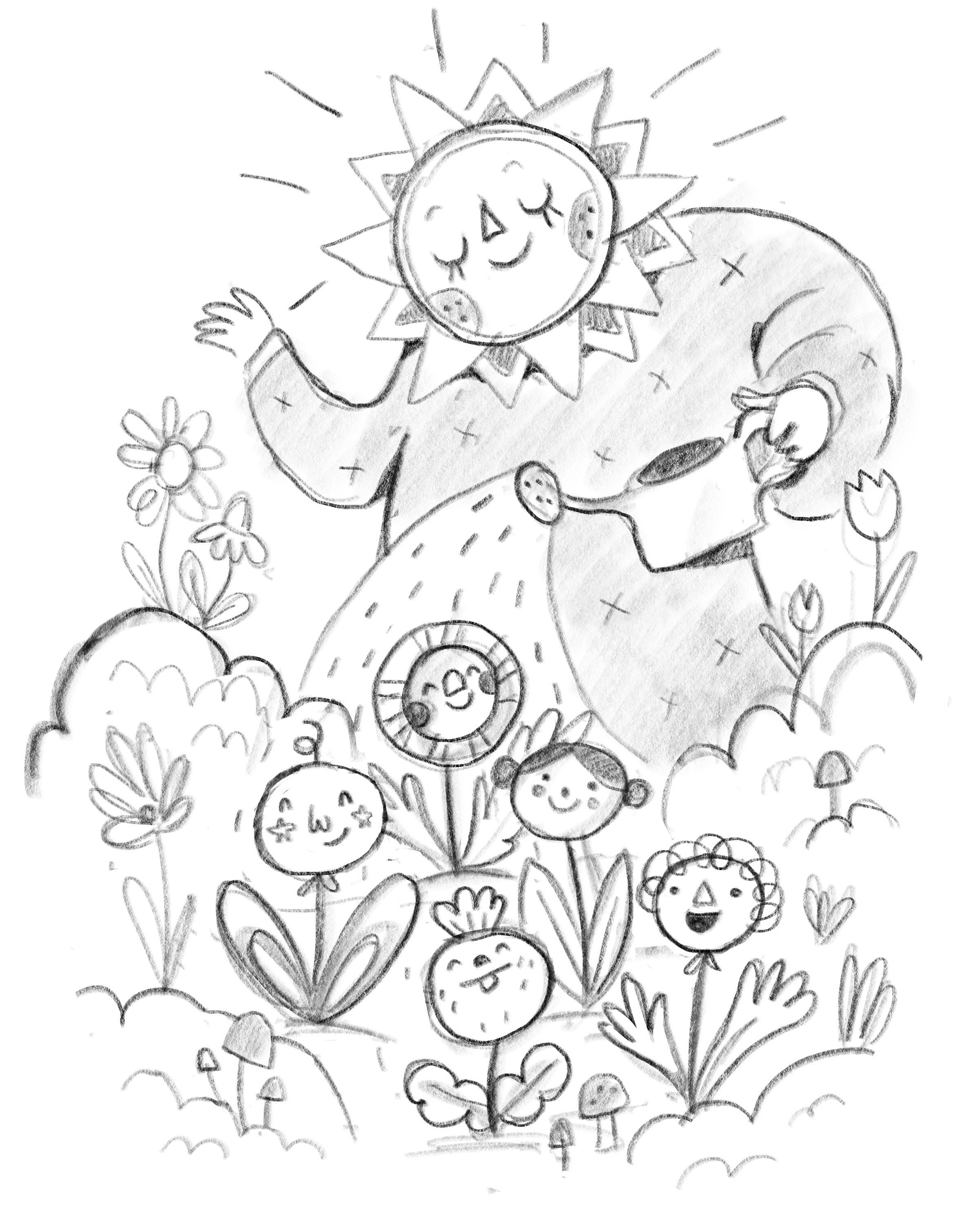 Doodle of a smiling sun above a crowd of flower faces