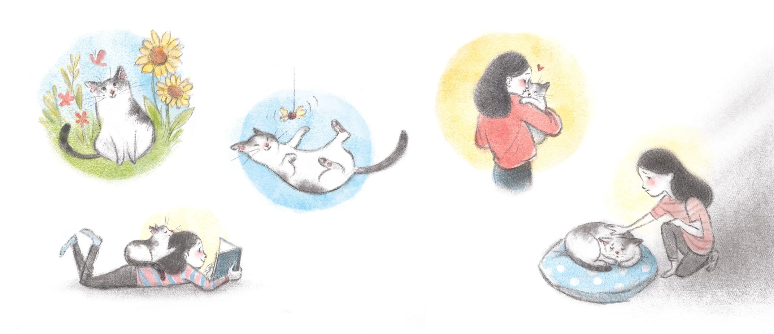 Five vignettes of a girl and her cat through the seasons