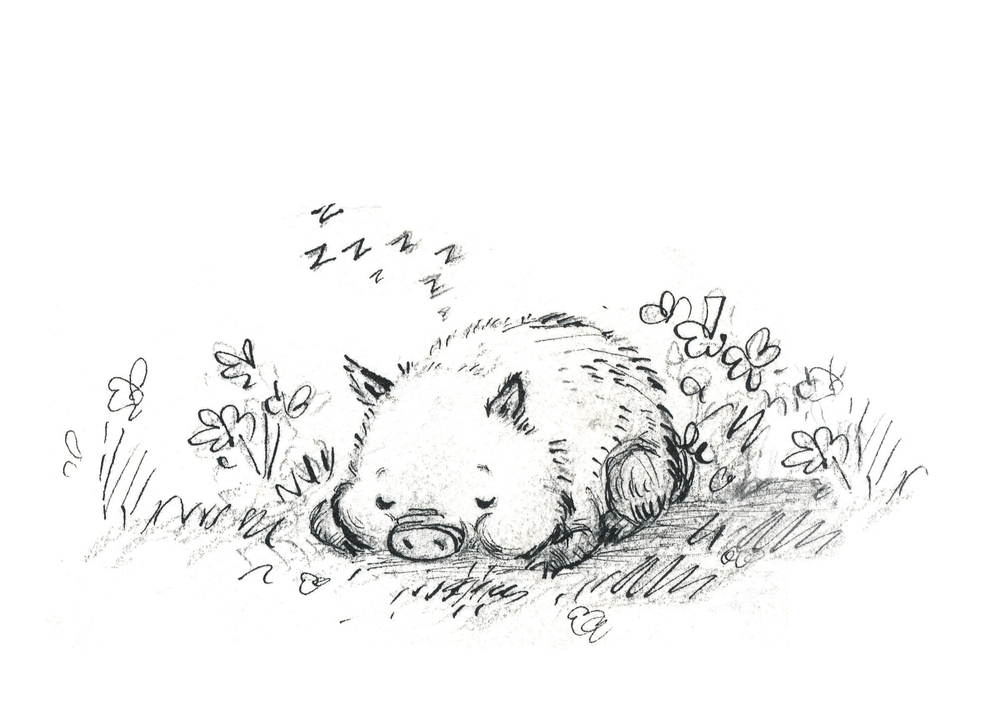 Pig sleeping in a patch of flowers