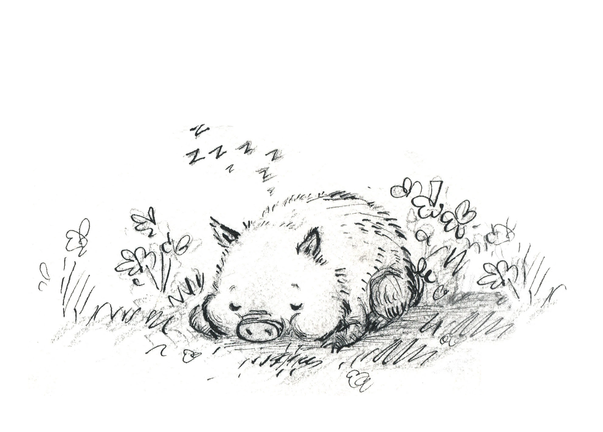 Pig sleeping in a patch of flowers