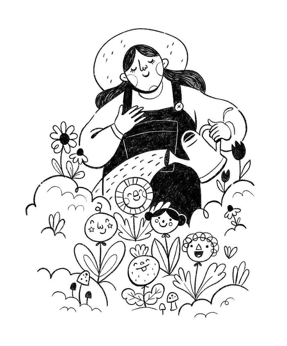 Ink doodle of a girl surrounded by flowers