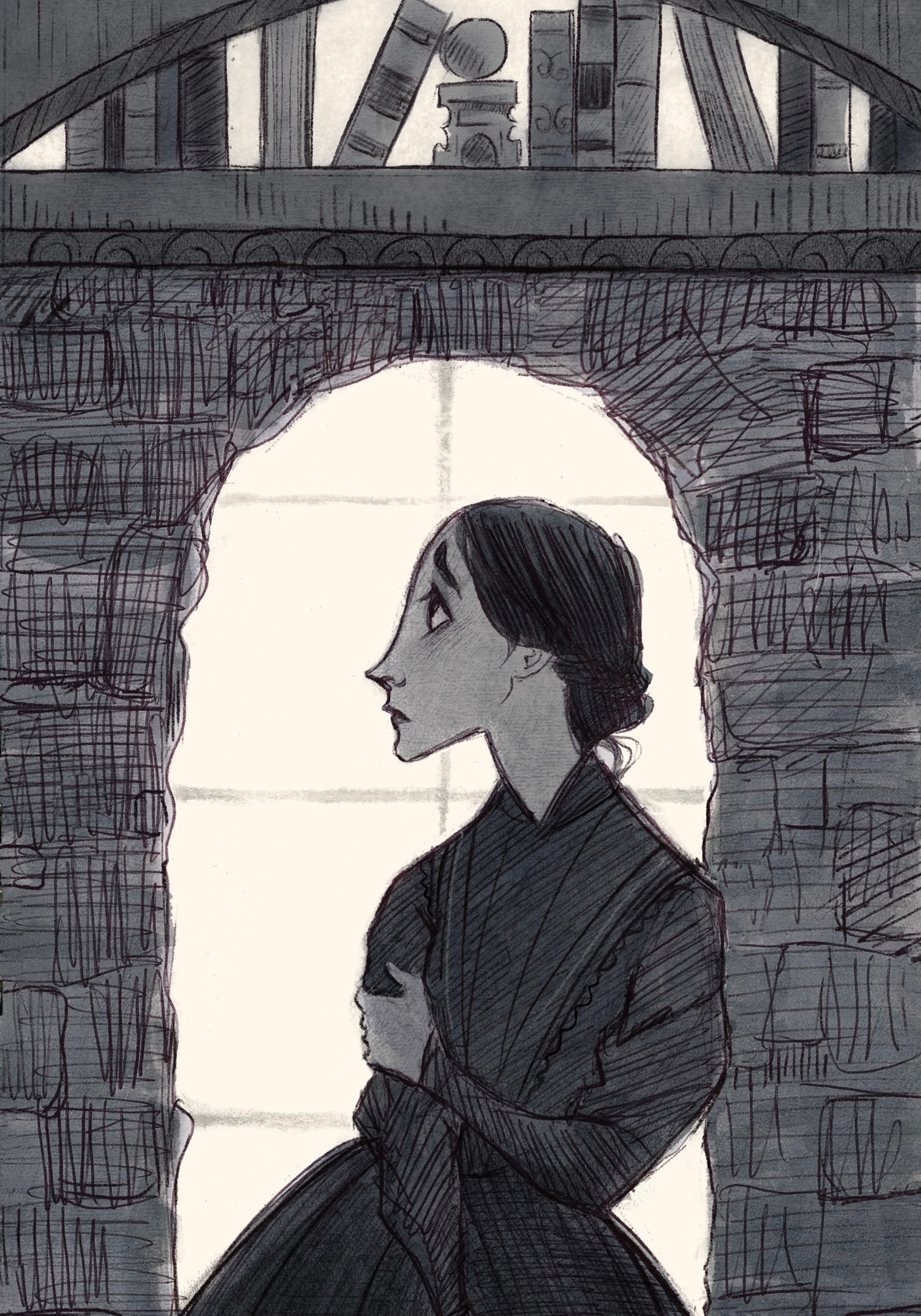 Woman silhouetted in a stone archway