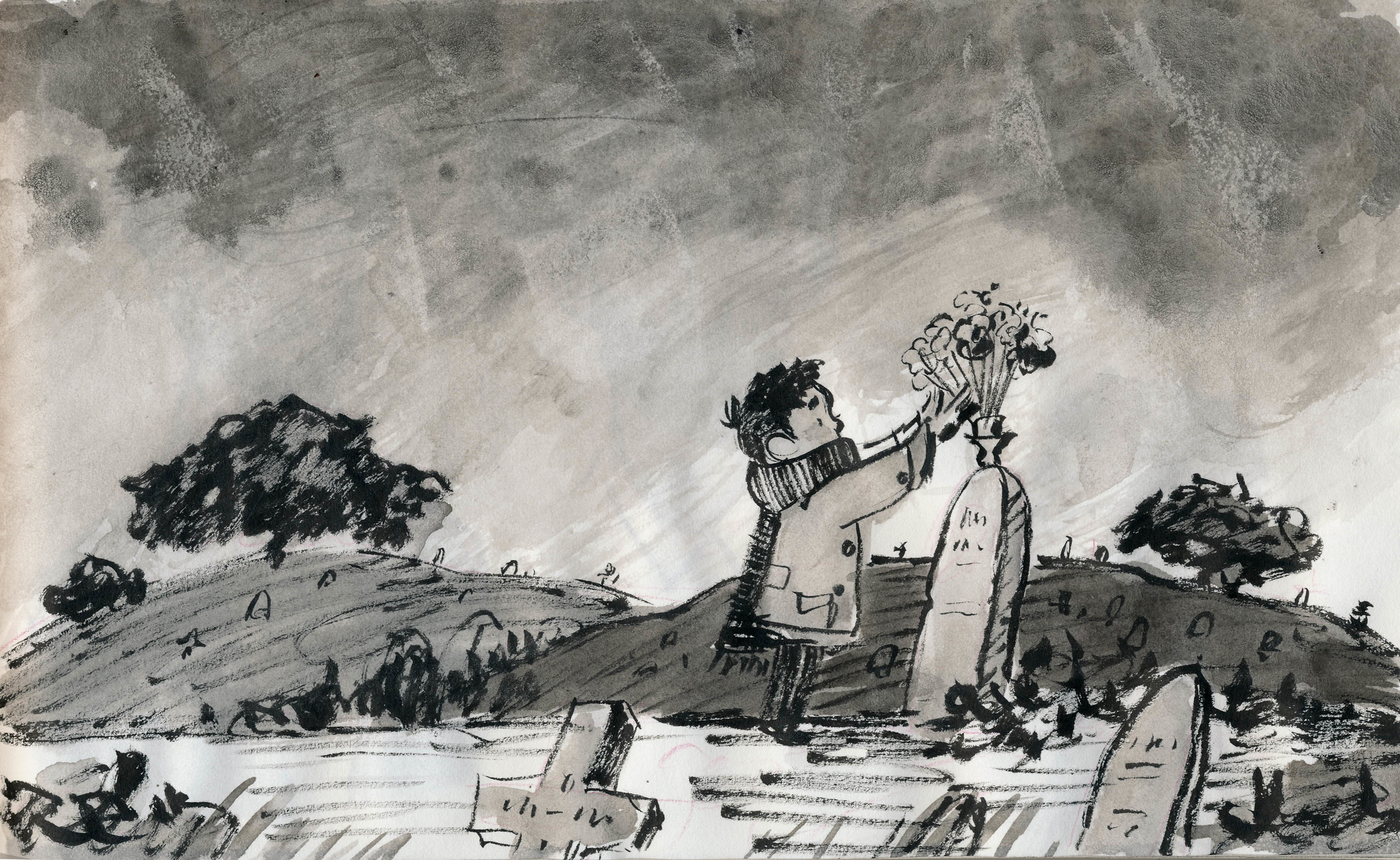 Figure carrying flowers across a darkened hillside