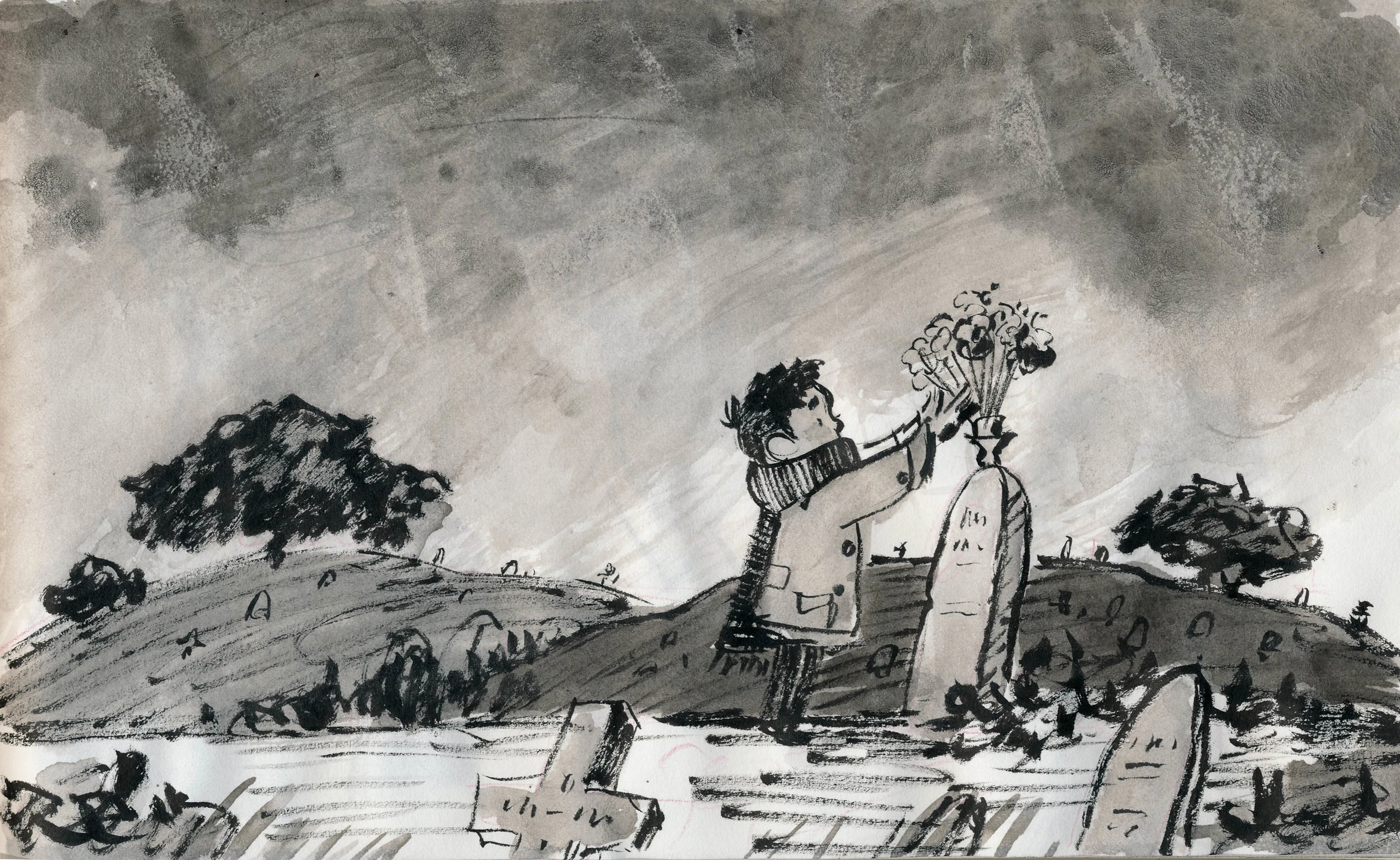 Figure carrying flowers across a darkened hillside
