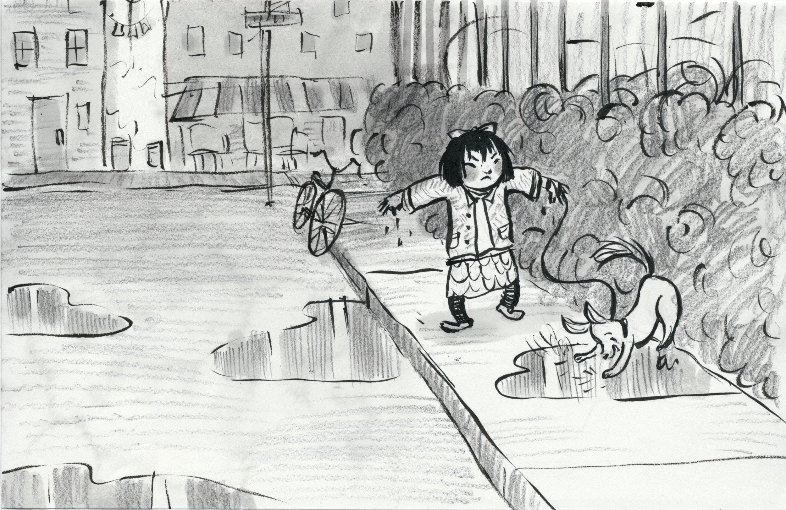 Child splashing through puddles on a city street