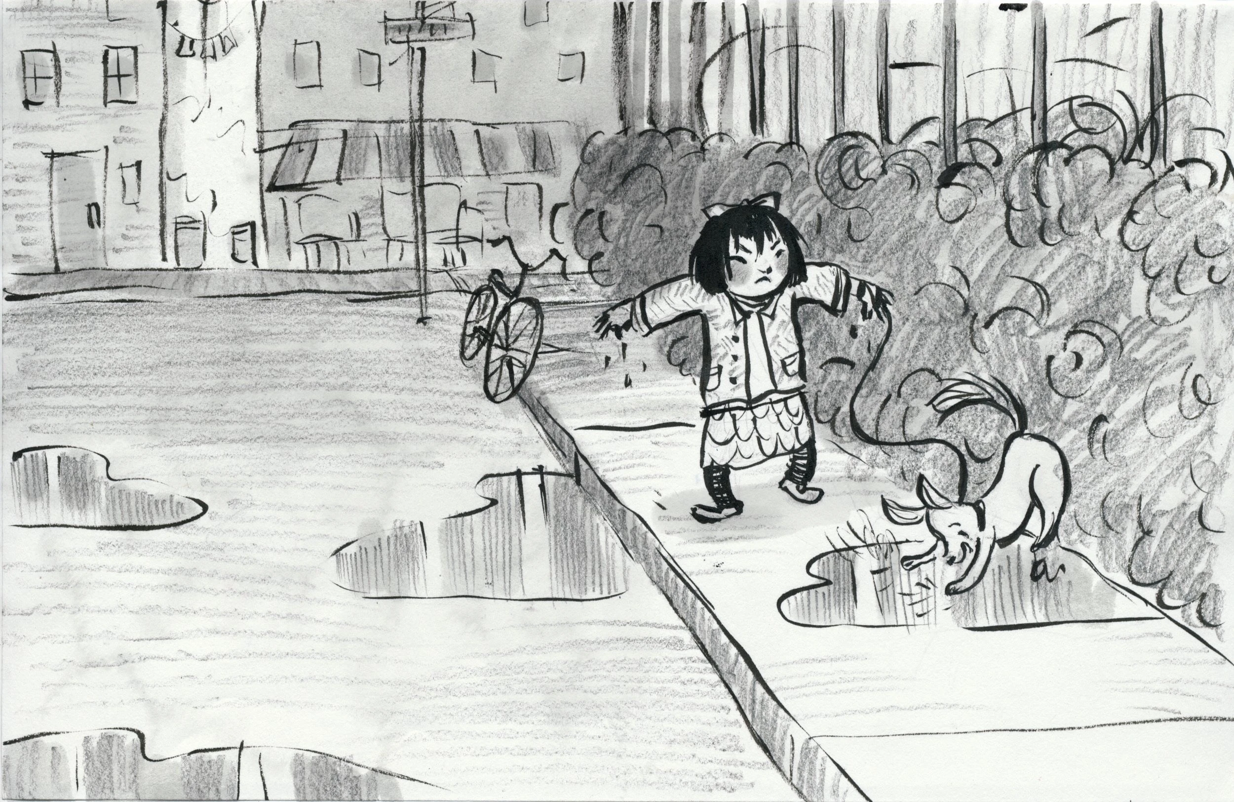 Child splashing through puddles on a city street