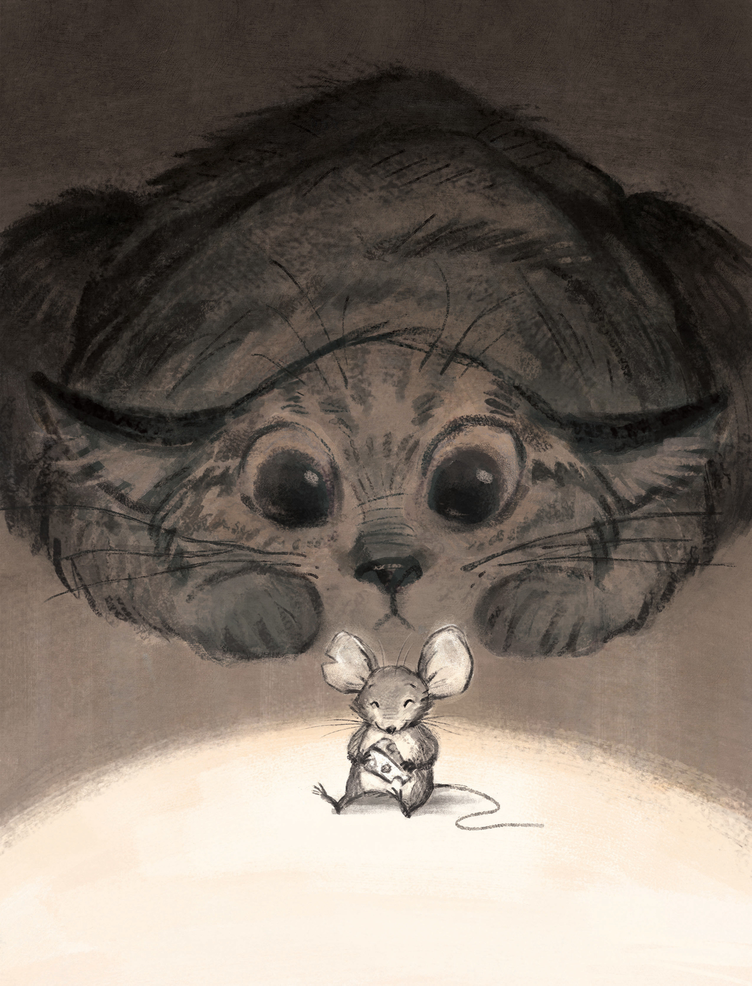 Cat looming over a small mouse in the dark