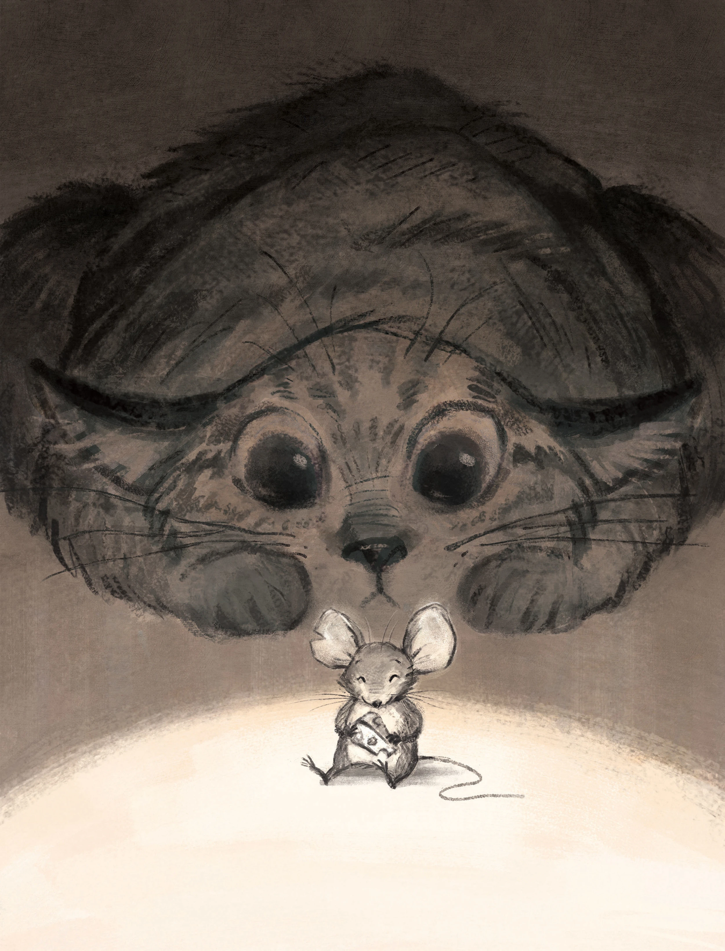 Cat looming over a small mouse in the dark