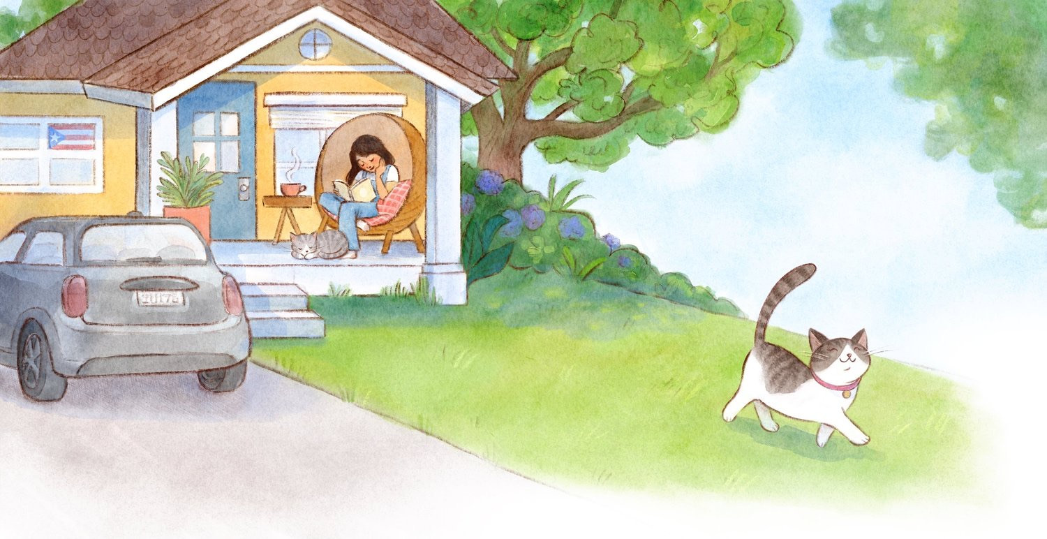 A girl reads on the porch while China walks off across the front lawn