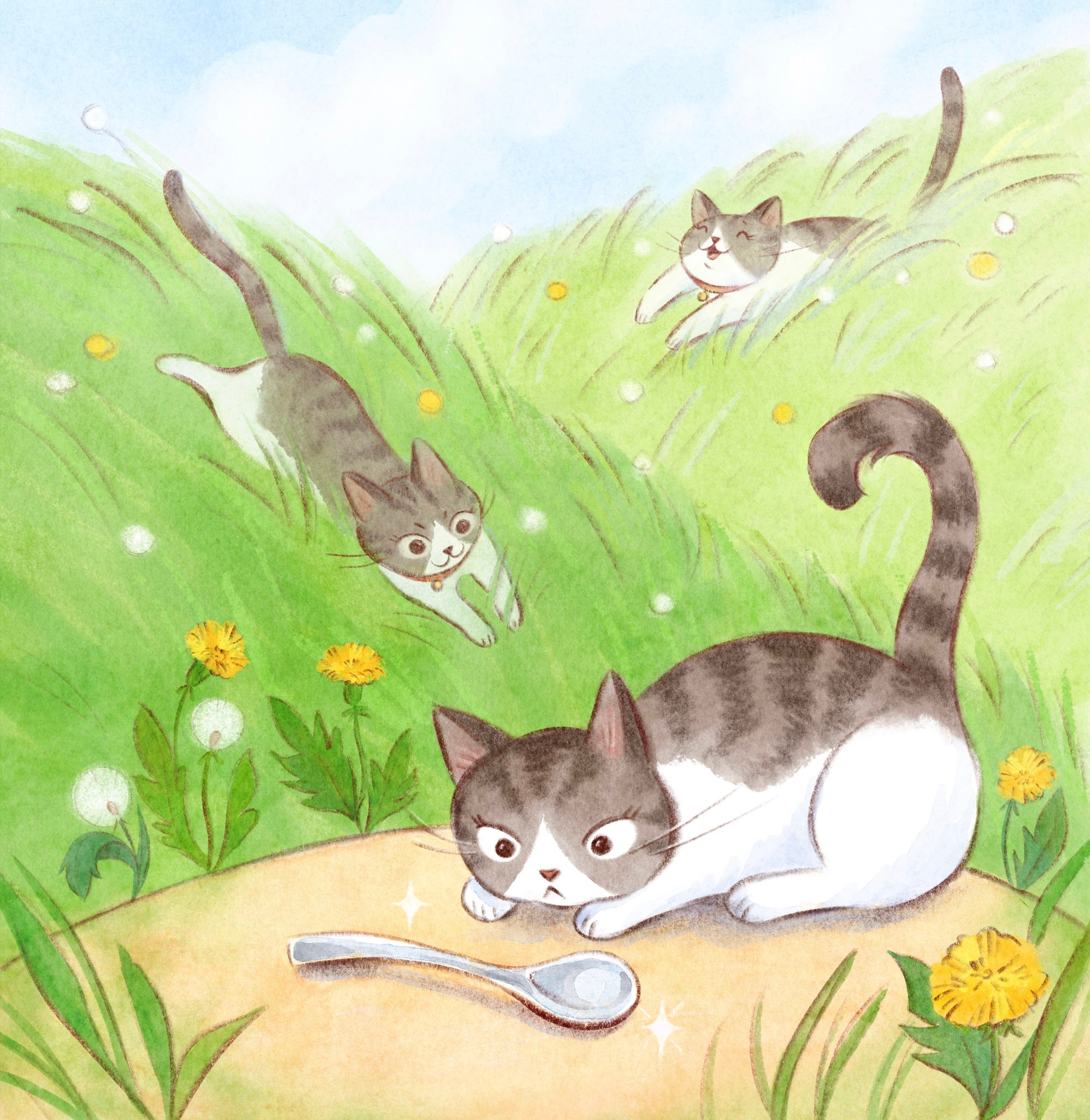 China play-fighting with another cat among dandelions, a dropped spoon nearby