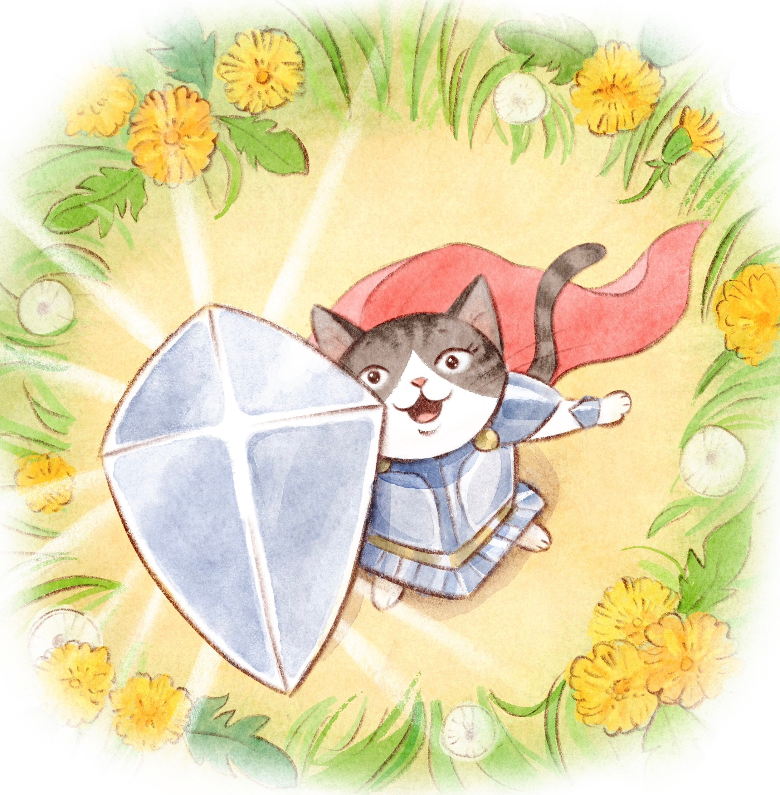 China as a knight with a shield, framed by a wreath of dandelions