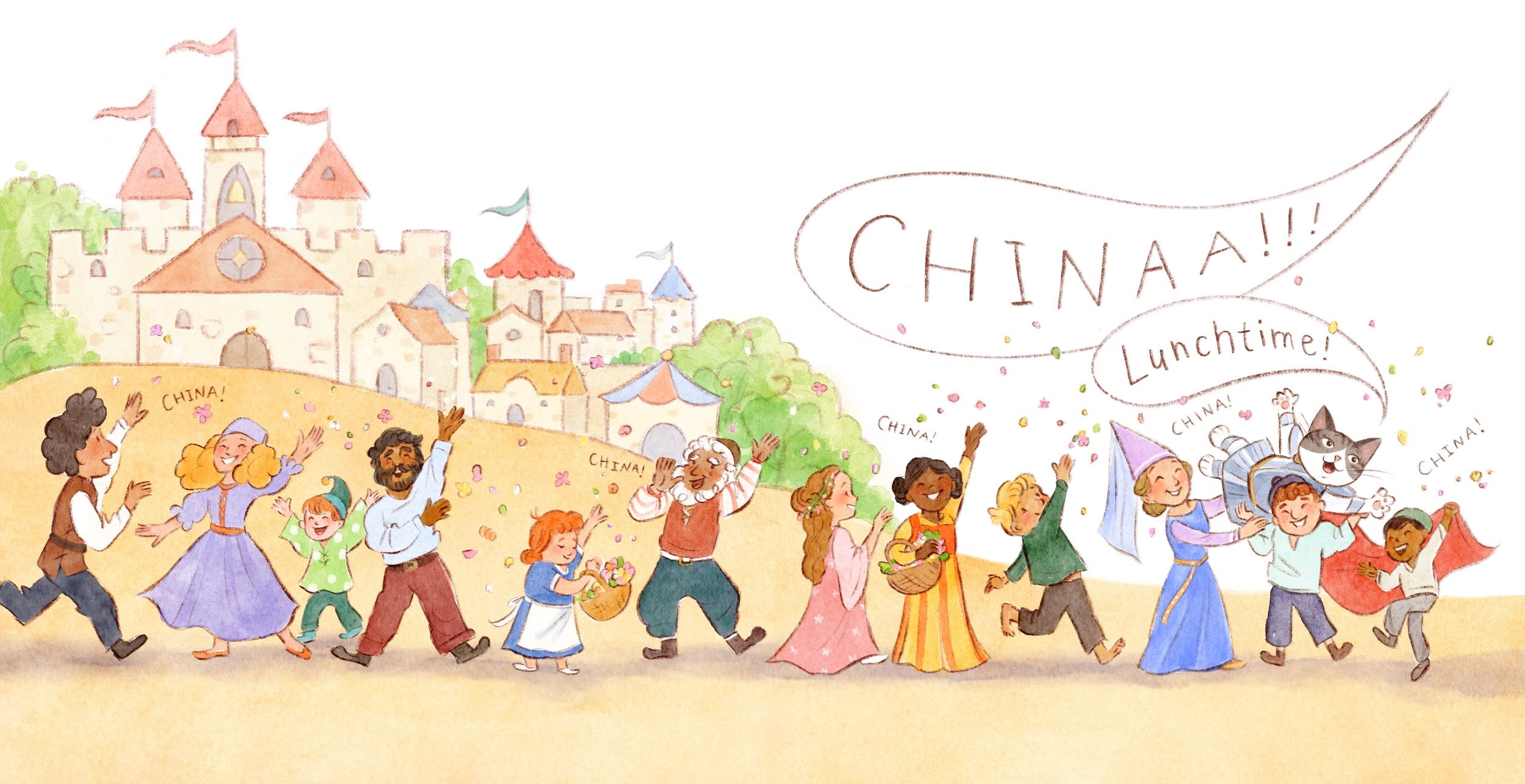 A crowd of villagers parading and shouting China's name, calling her home for lunch