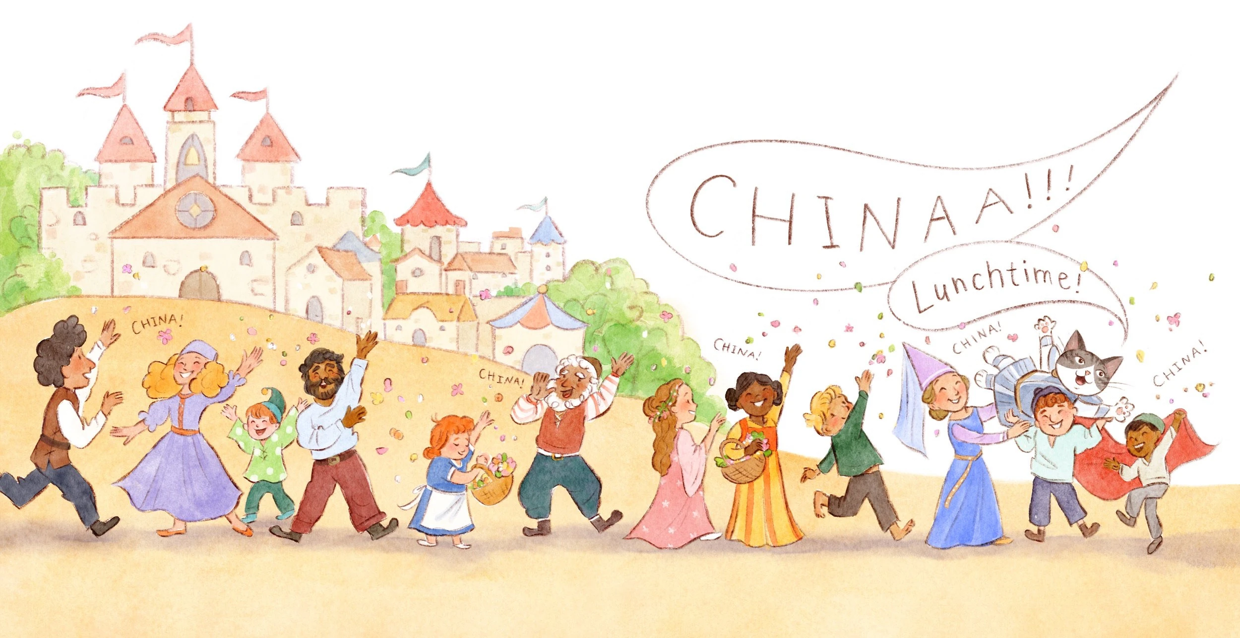 A crowd of villagers parading and shouting China's name, calling her home for lunch
