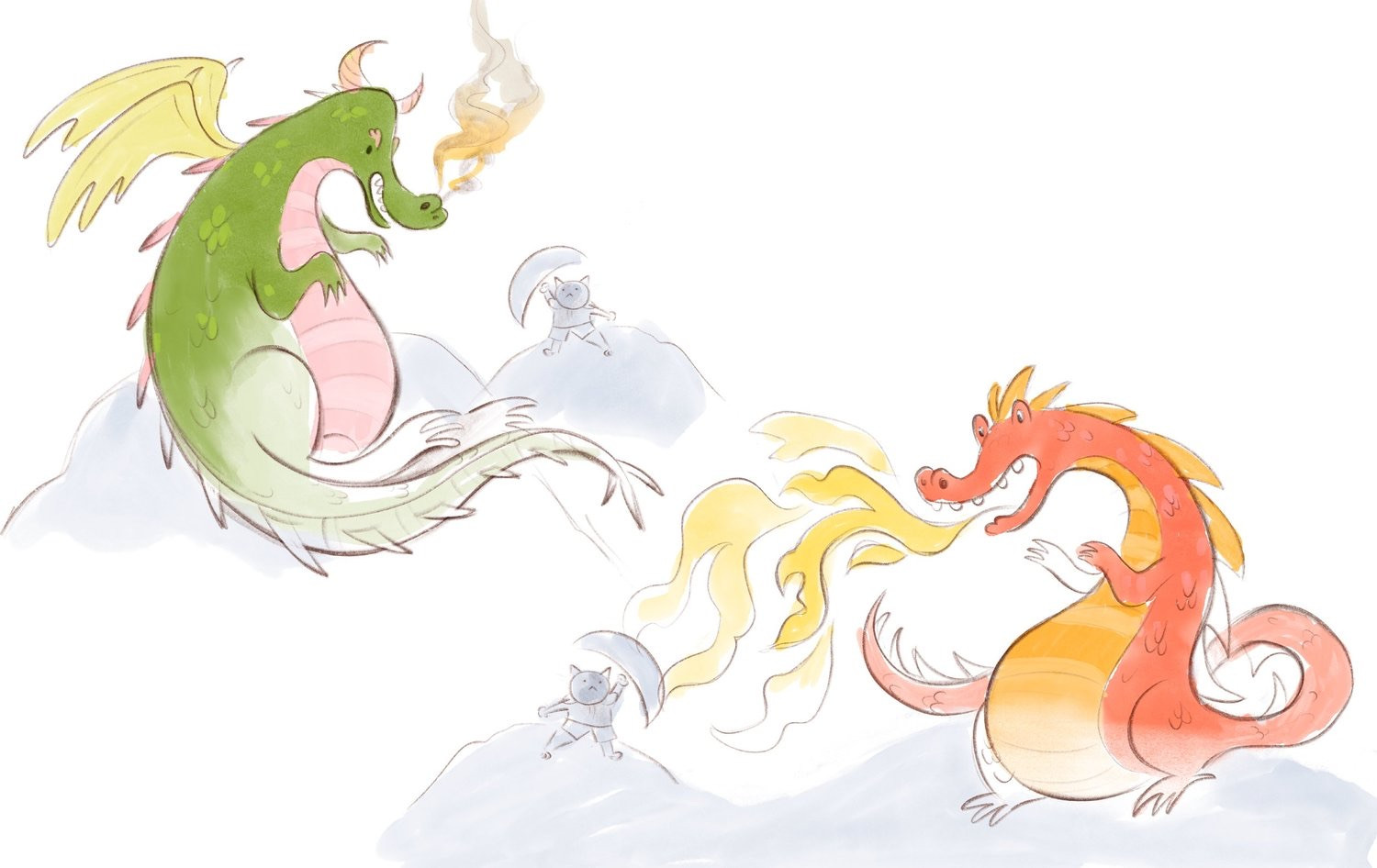 Loose sketches of two dragons breathing fire, with tiny figures of China nearby