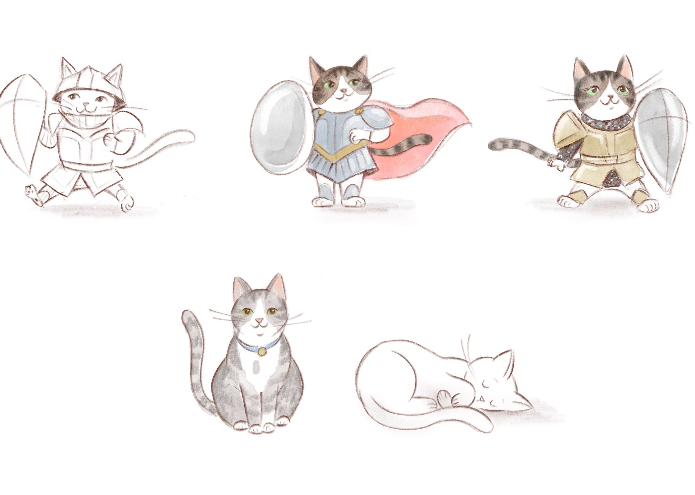 Character sketches of China in and out of her knight armor, sitting and sleeping
