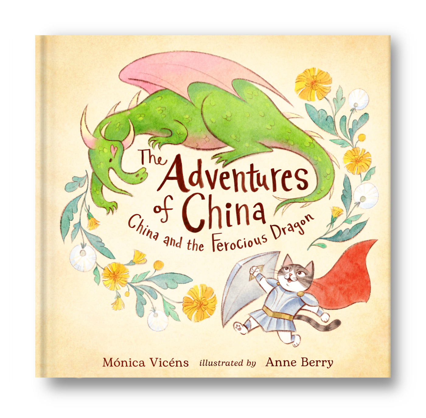 China's Adventures book cover — a cat knight facing a green dragon, wreathed in flowers