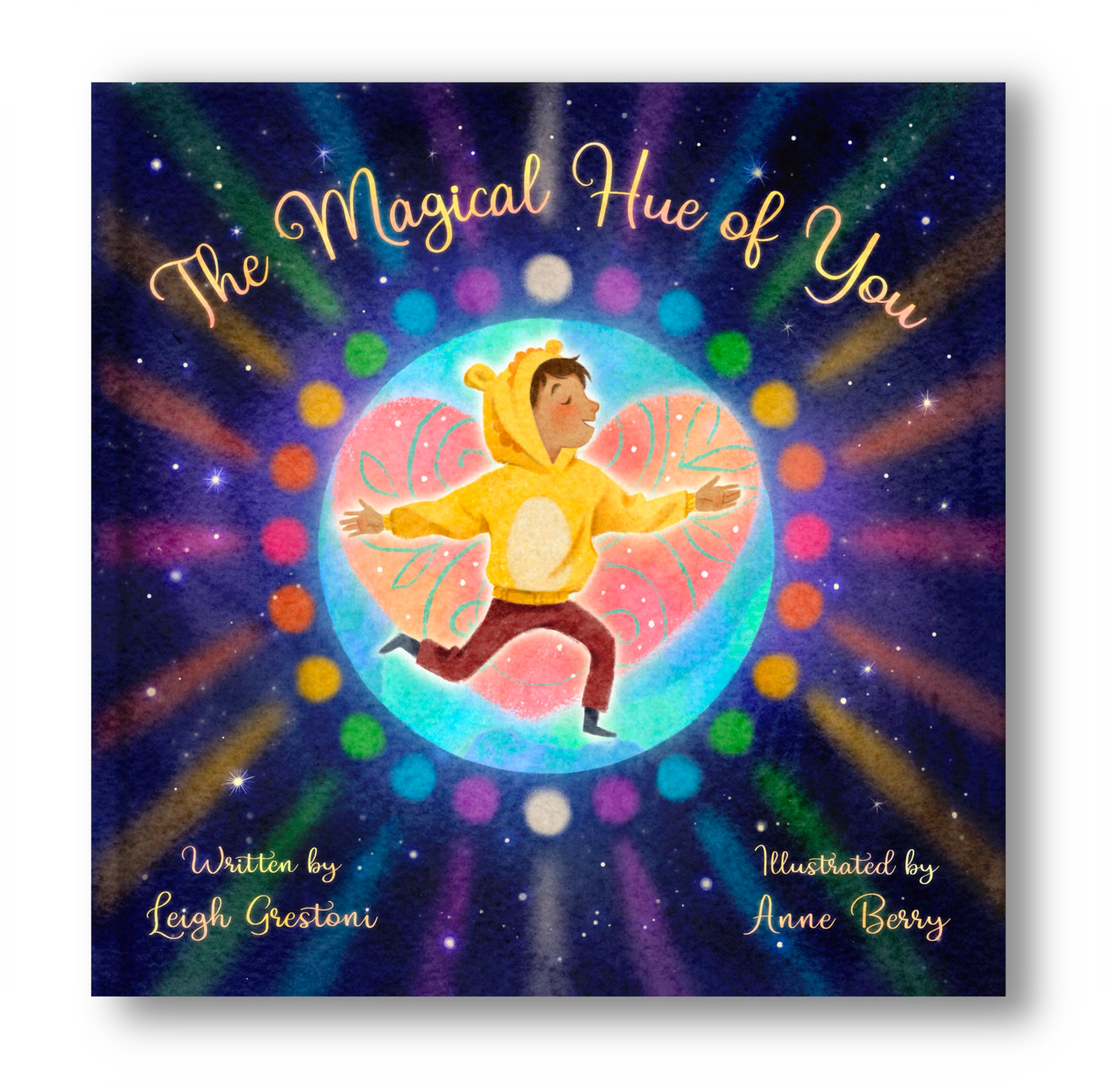 The Magical Hue of You book cover — a boy in a bear hoodie leaping through a starry portal