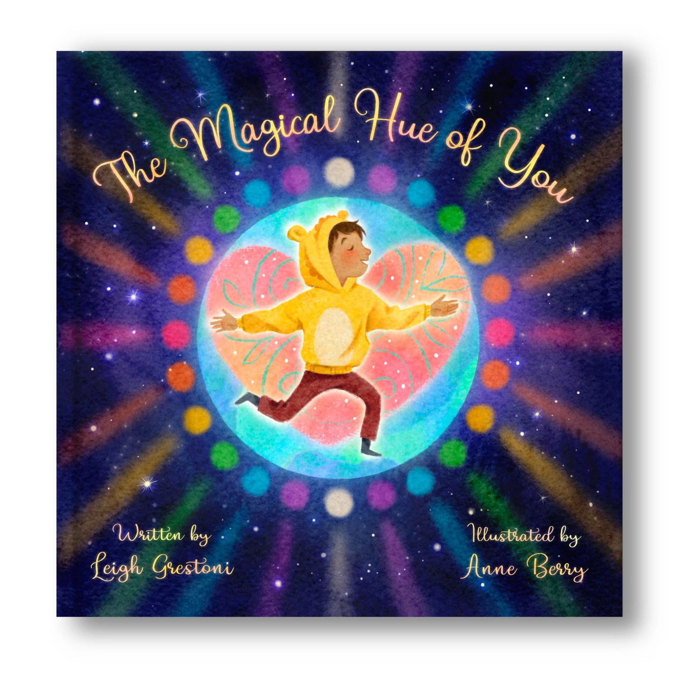 The Magical Hue of You book cover — a boy in a bear hoodie leaping through a starry portal