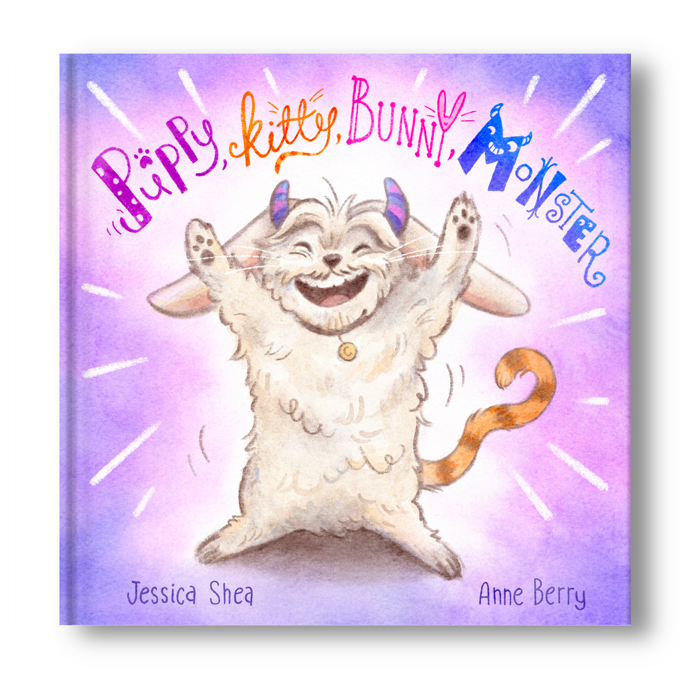 Puppy, Kitty, Bunny, Monster book cover — a joyful fluffy creature with tiny horns