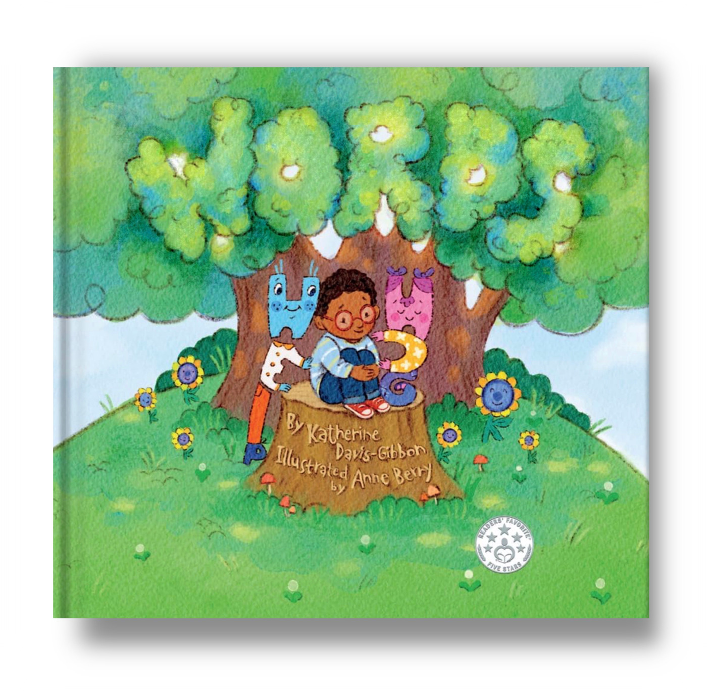 Words book cover — a boy sitting in a tree stump between two letter-shaped creatures