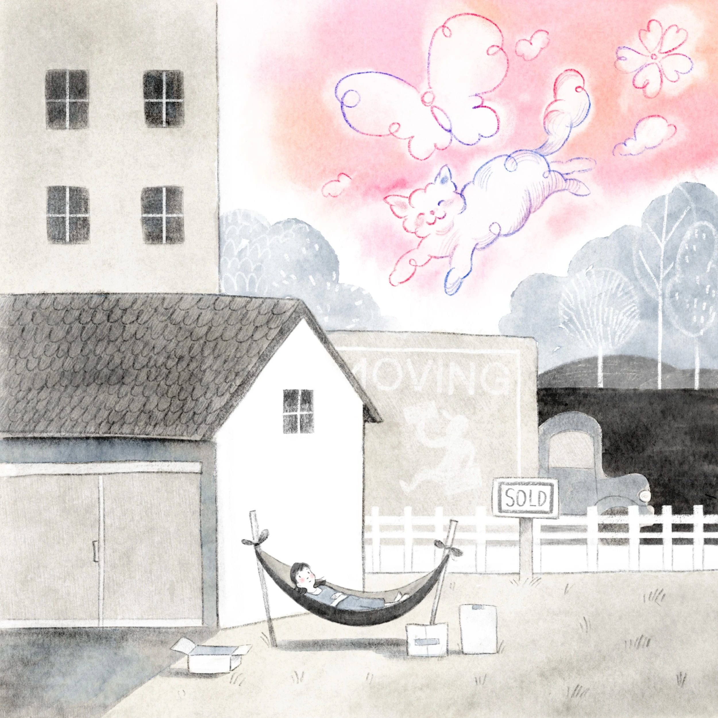 Girl resting in a hammock outside a sold house, a drawn cat and butterflies floating in the pink sky