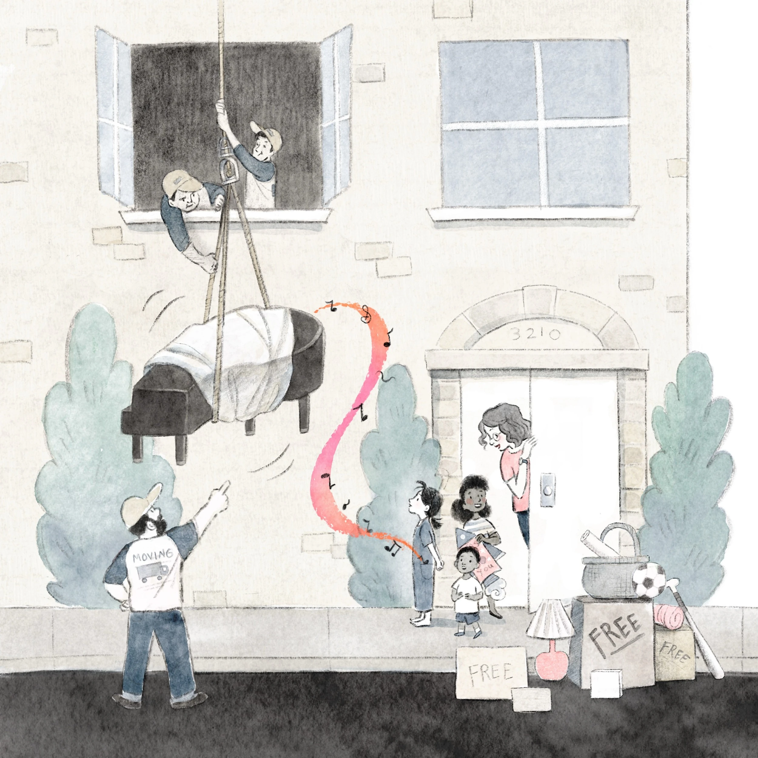 Movers lowering a piano from an upstairs window as music curls into the air and neighbours watch