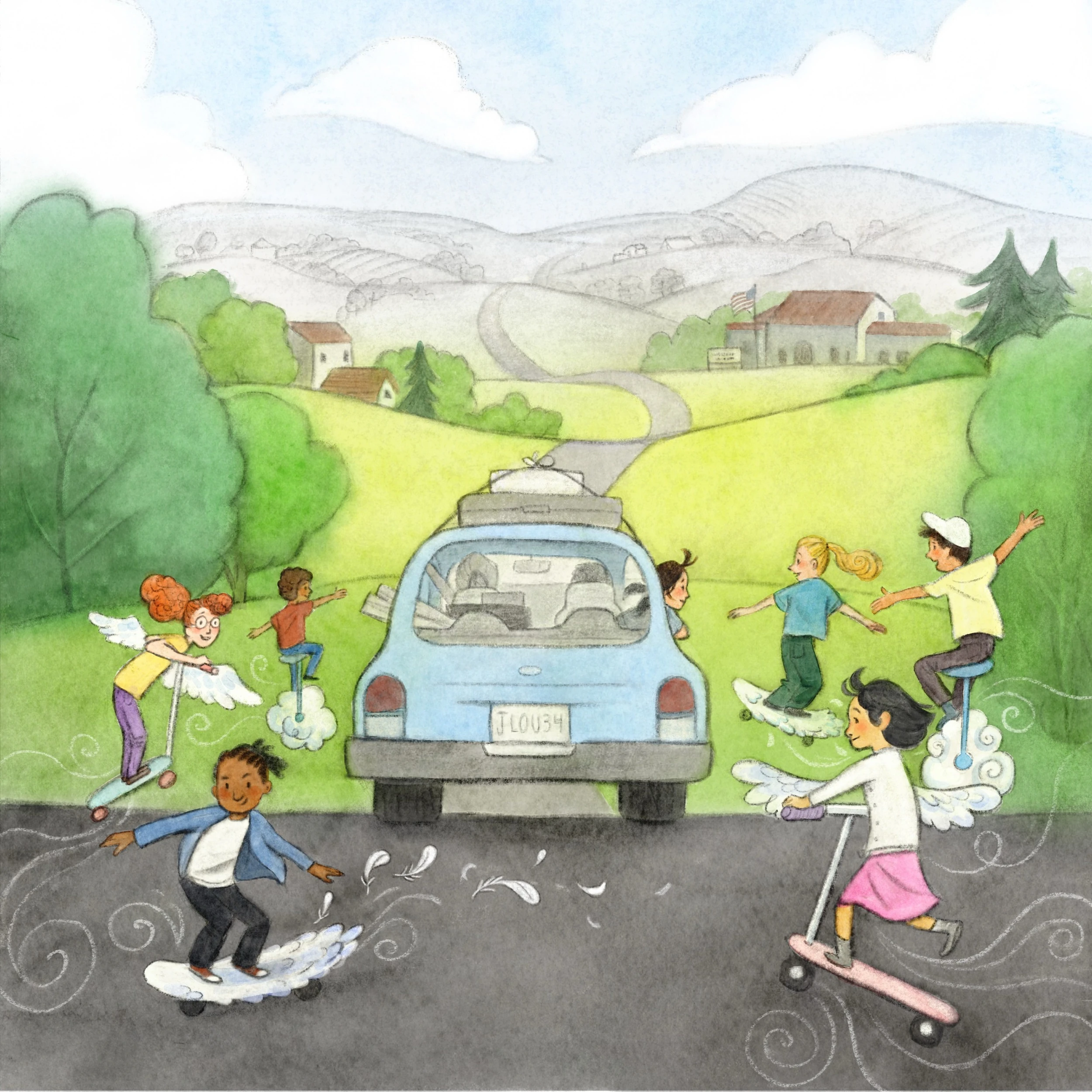 A packed blue car driving away while friends fly alongside on winged skateboards and scooters