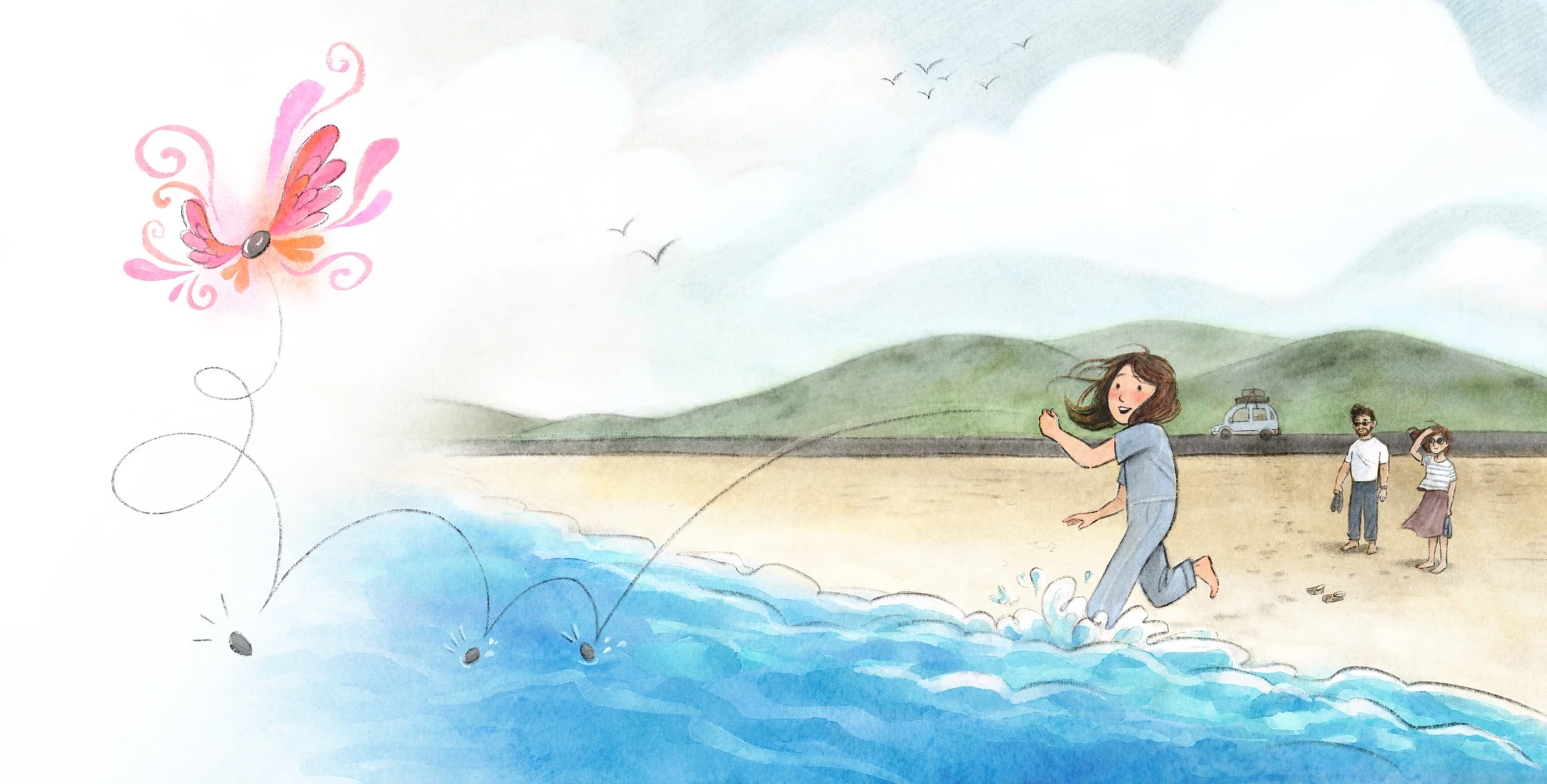 Girl running into the sea skipping stones as an imagined butterfly loops overhead