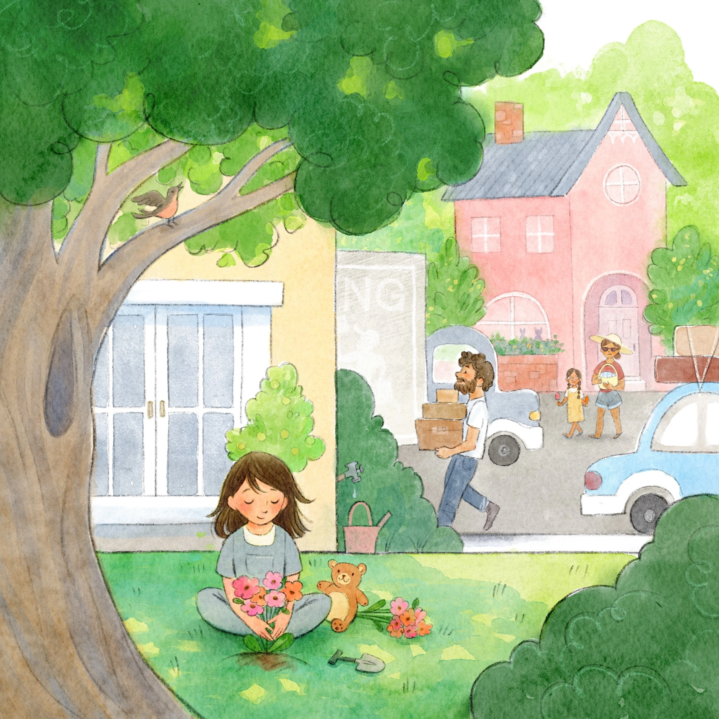 Girl sitting under a tree holding picked flowers while a family moves boxes behind her