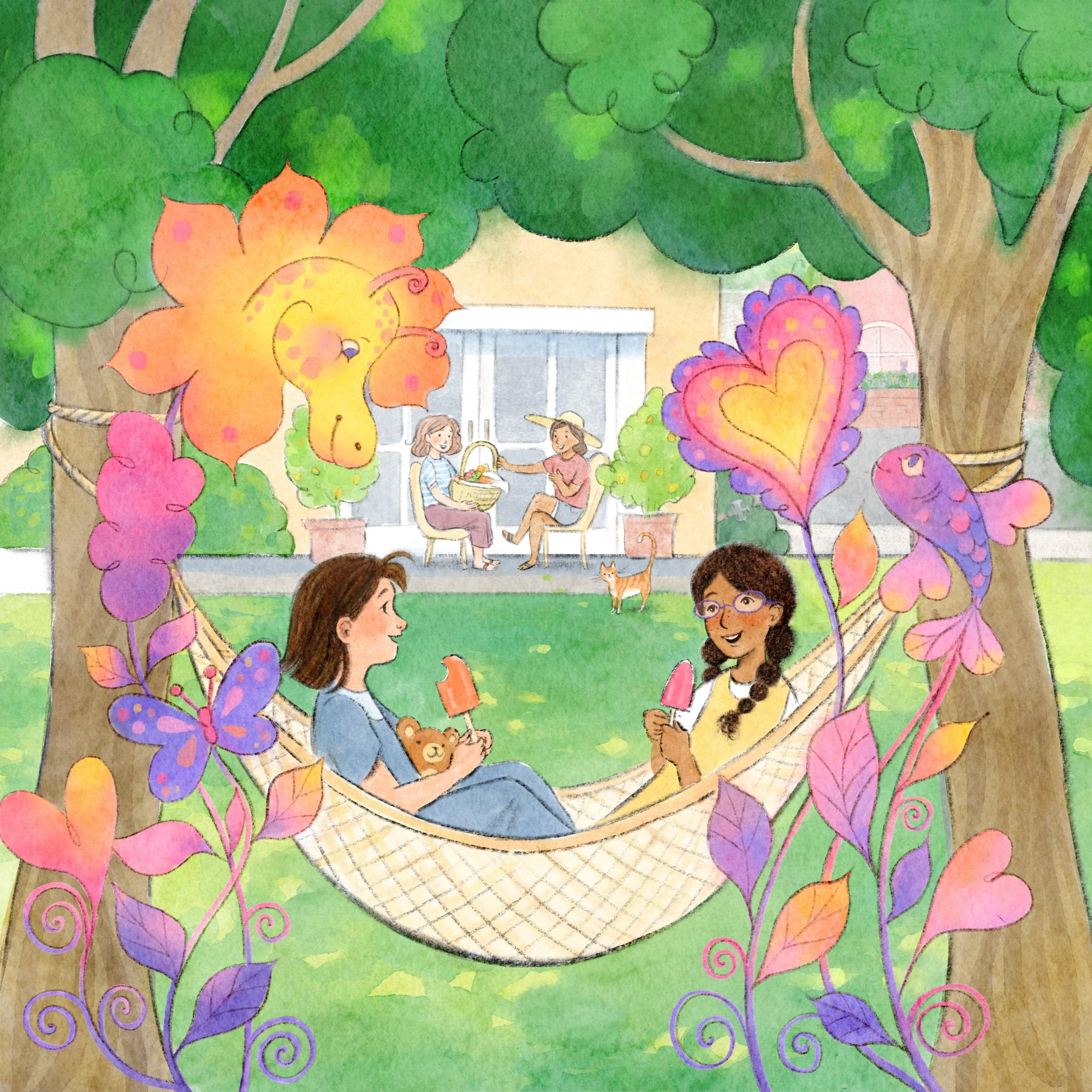 Two girls sharing popsicles in a hammock, surrounded by imagined flowers and creatures
