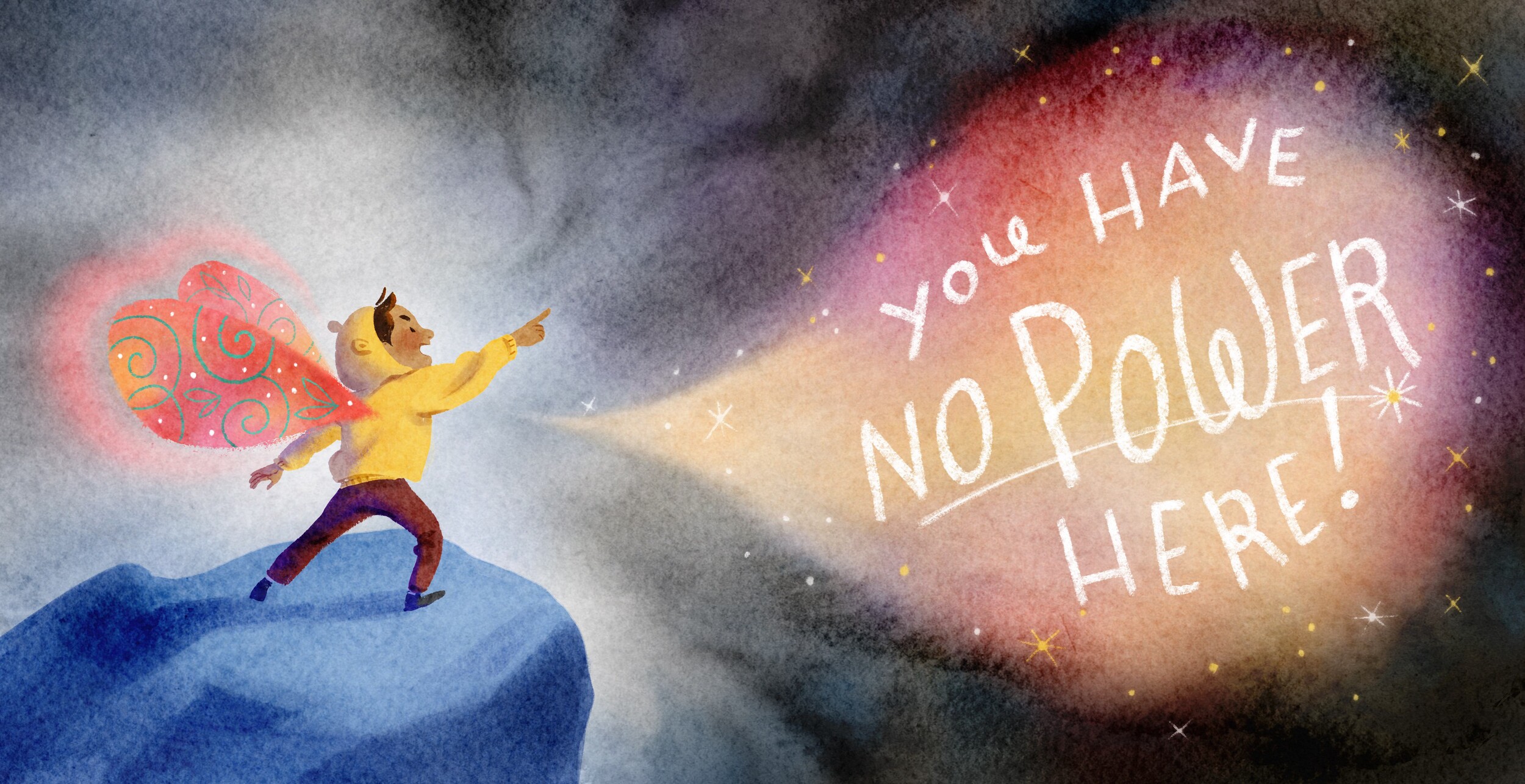 Boy with fairy wings pointing at glowing letters reading 'You have no power here!' on a starry cliff