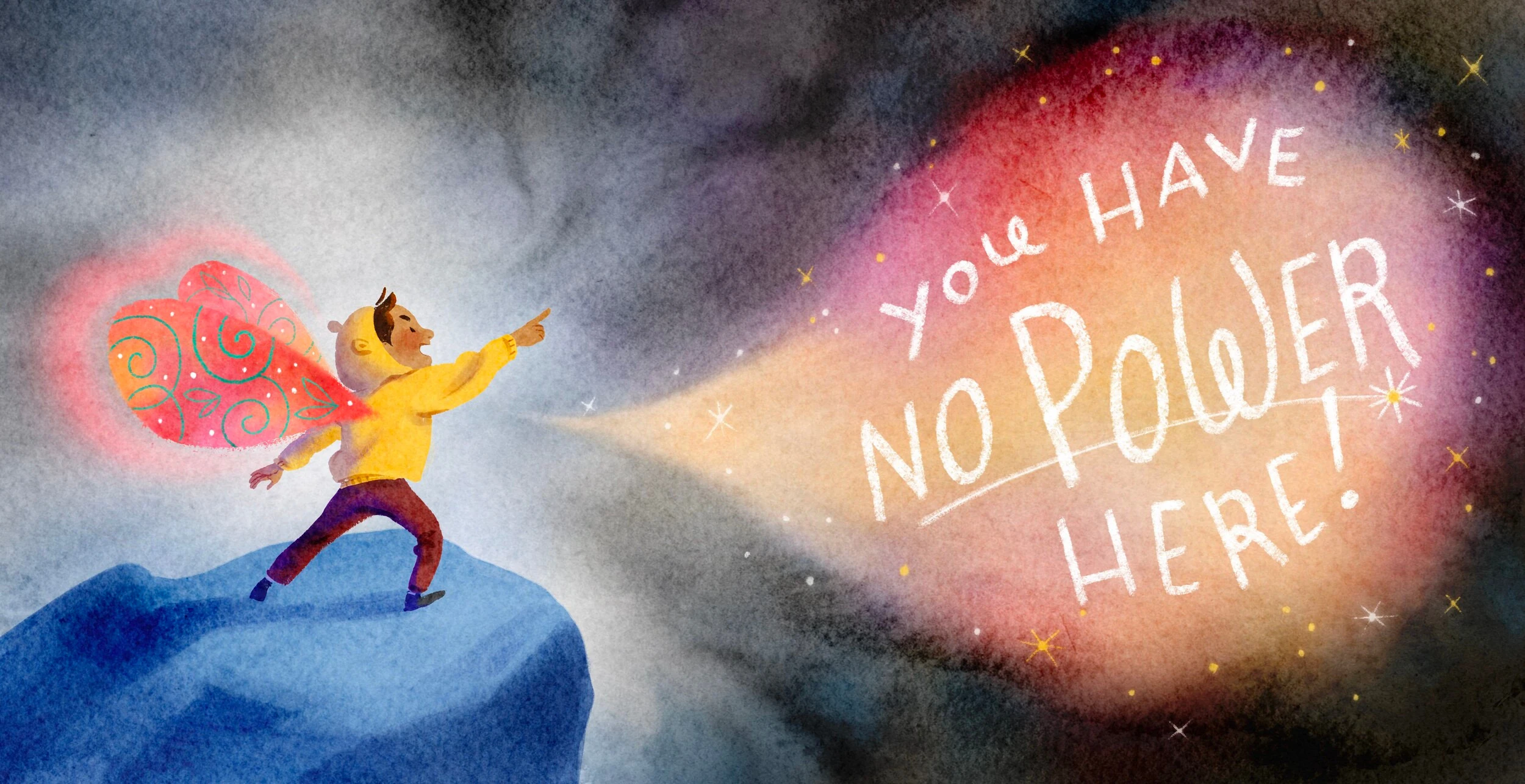 Boy with fairy wings pointing at glowing letters reading 'You have no power here!' on a starry cliff