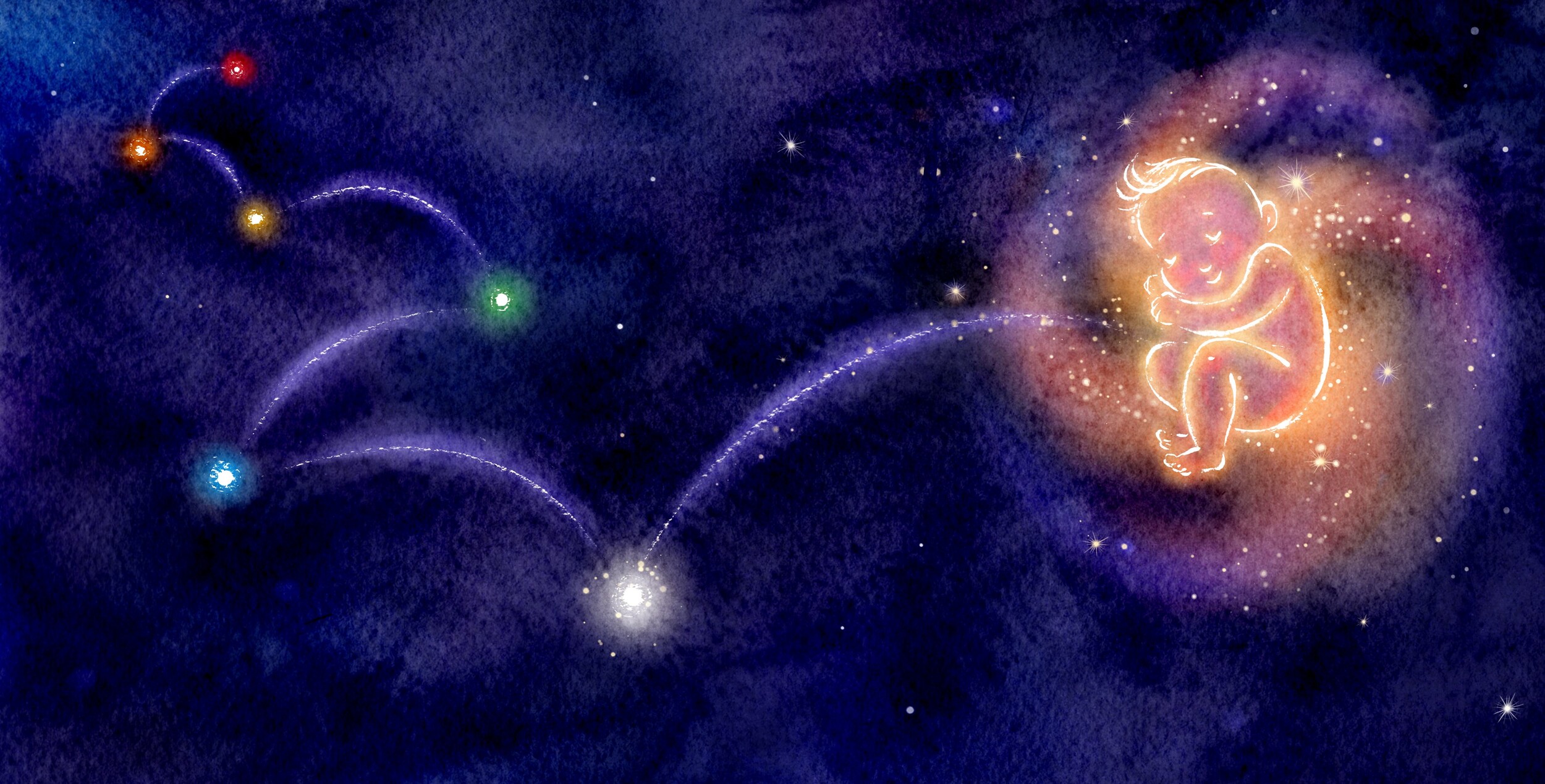 A glowing baby curled among colorful stars in a cosmic night sky