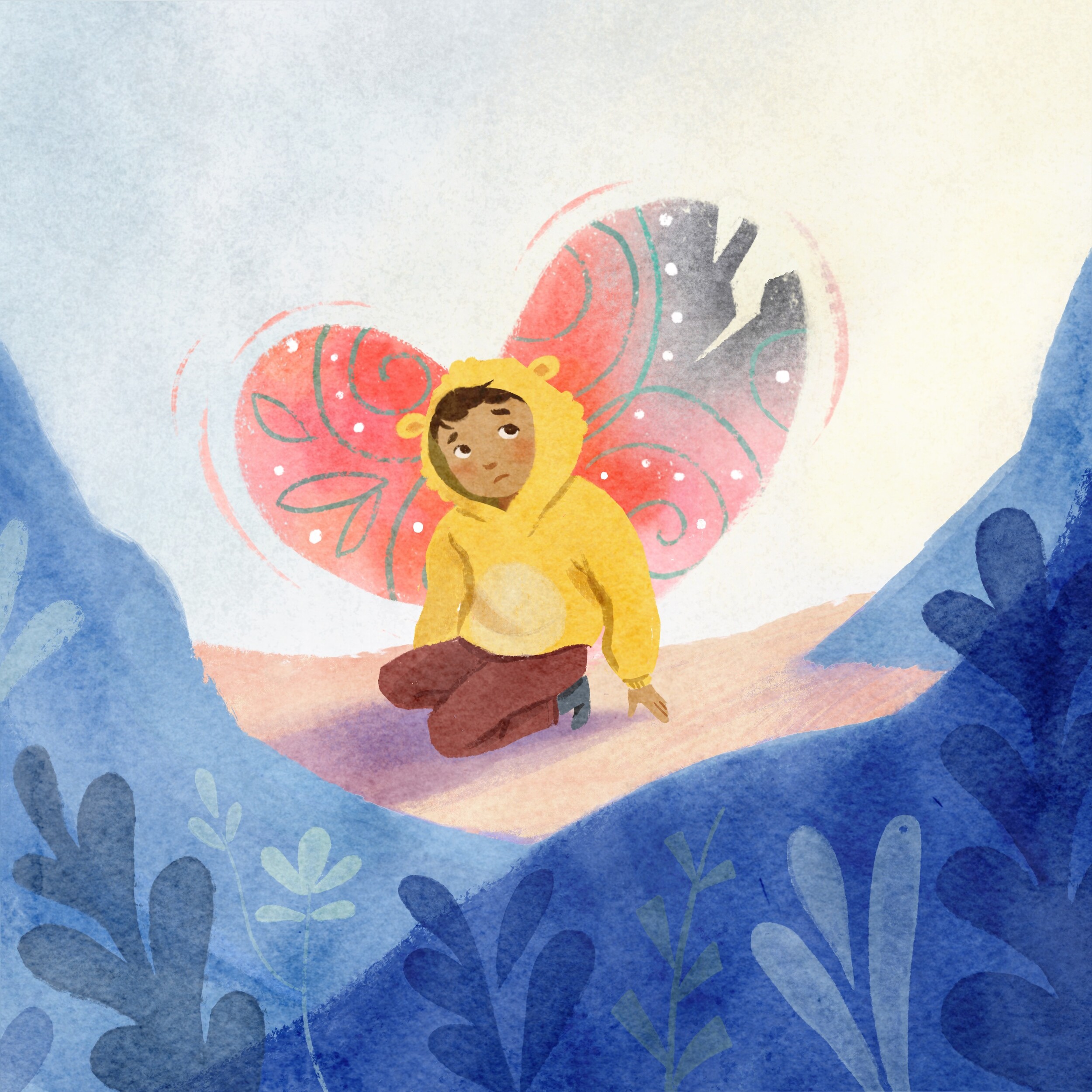 Boy with fairy wings sitting sadly on a mountain ledge, one wing torn and grey