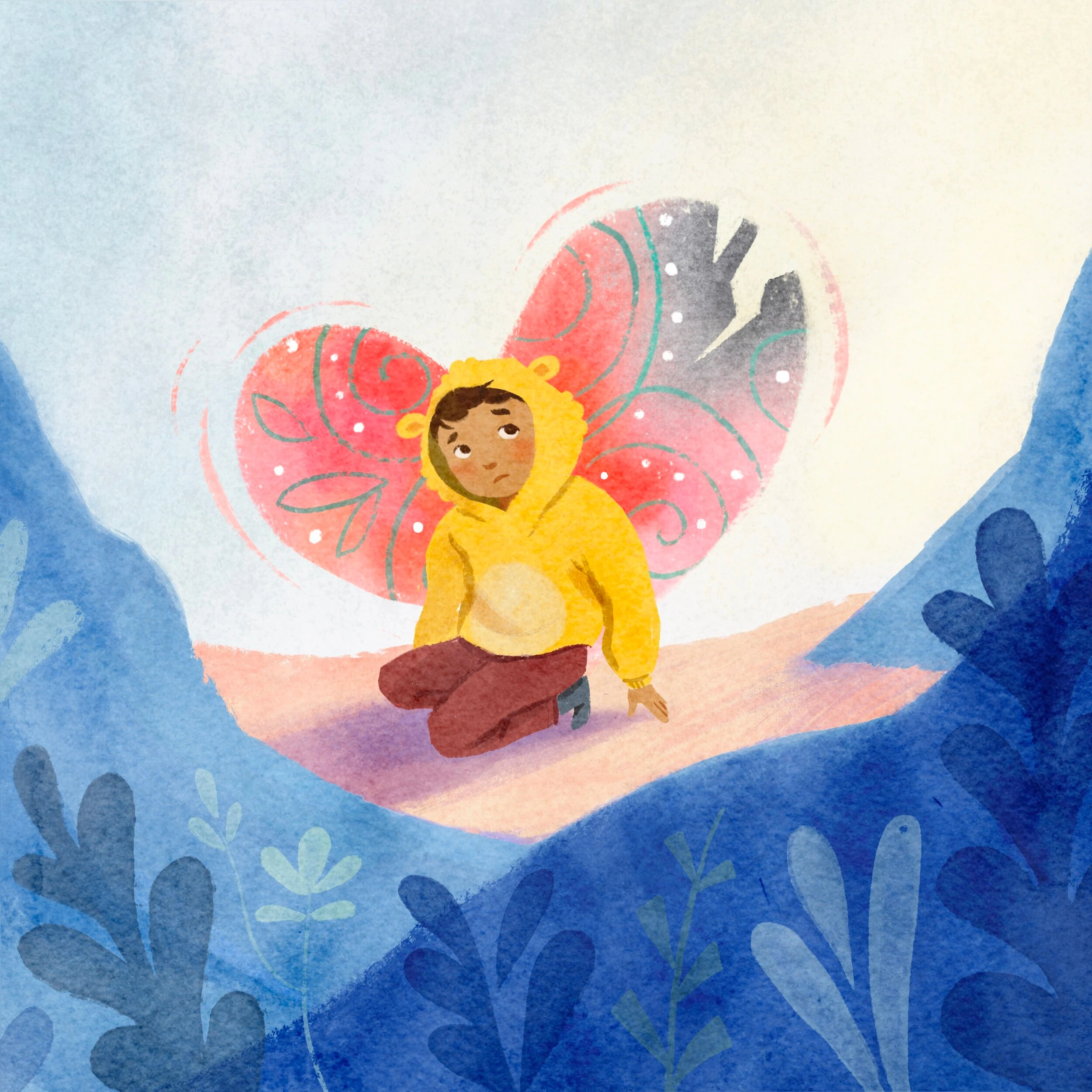 Boy with fairy wings sitting sadly on a mountain ledge, one wing torn and grey
