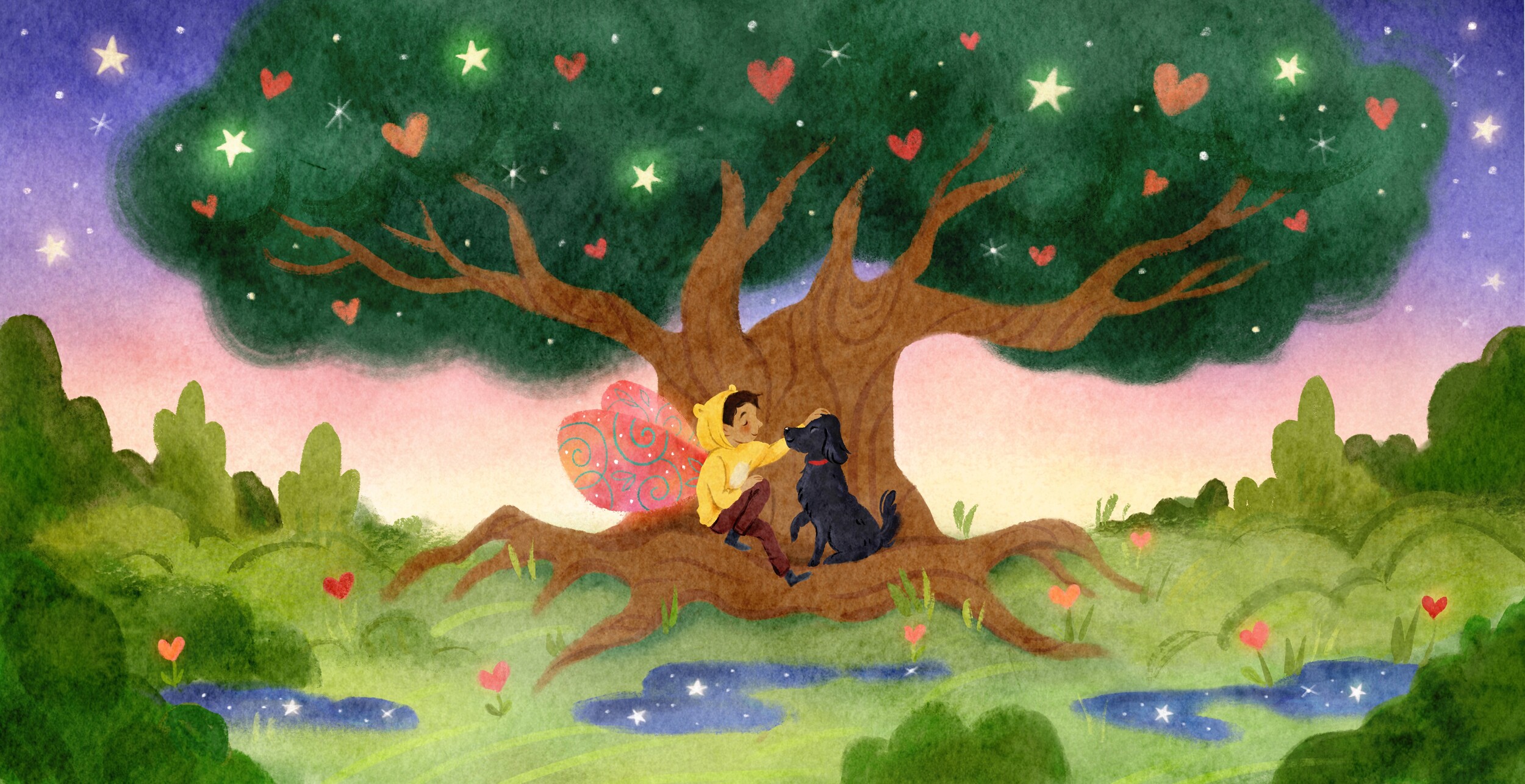 Boy with fairy wings sitting with a black dog beneath a starry, heart-covered tree
